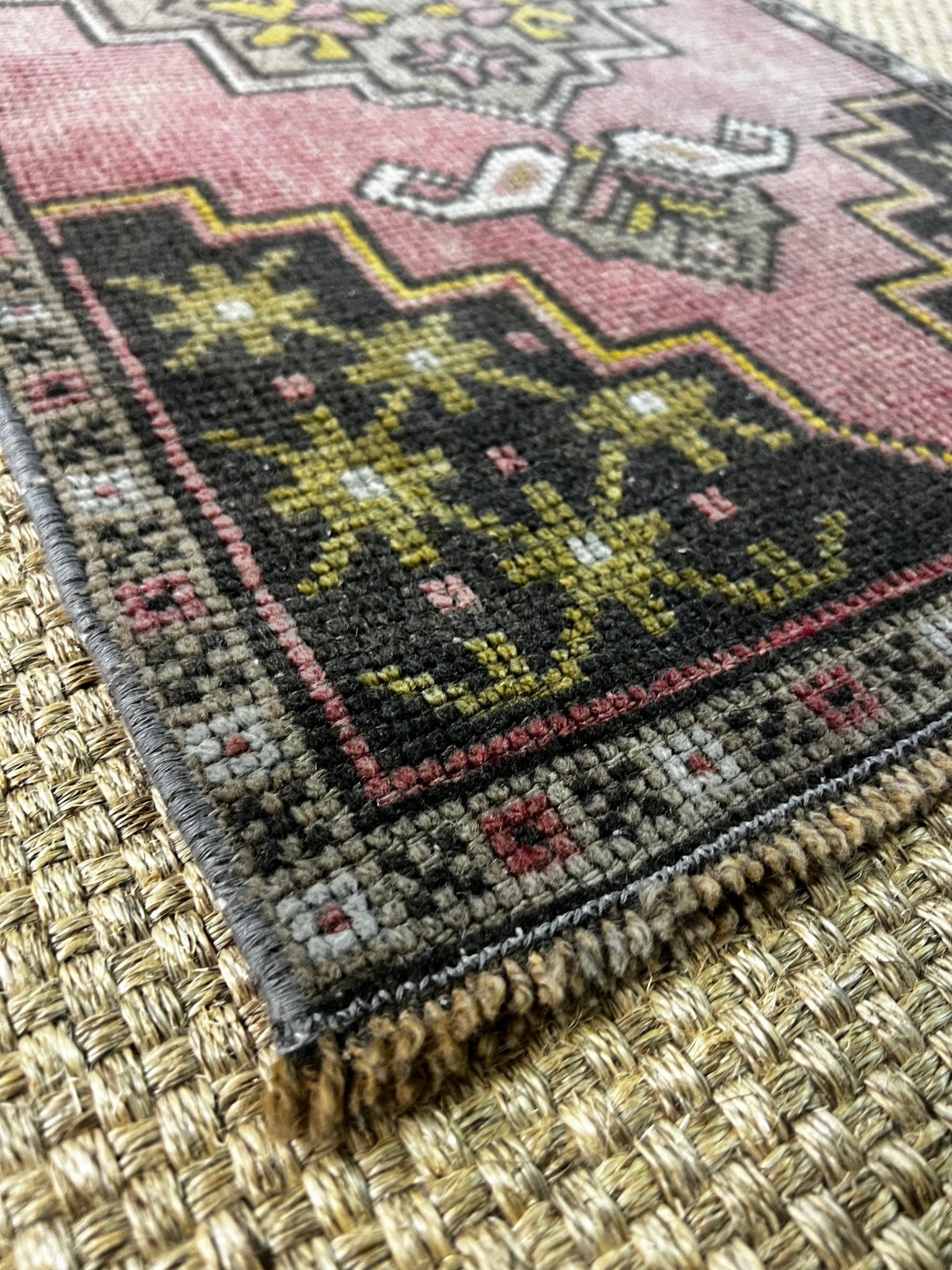 Vintage 1.7x3.8 Turkish Oushak Pink and Black Small Rug | Banana Manor Rug Factory Outlet