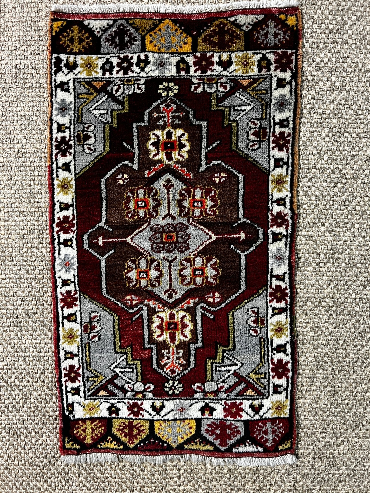 Vintage 1.8x3.1 Turkish Oushak Gray and Dark Red Small Rug | Banana Manor Rug Factory Outlet
