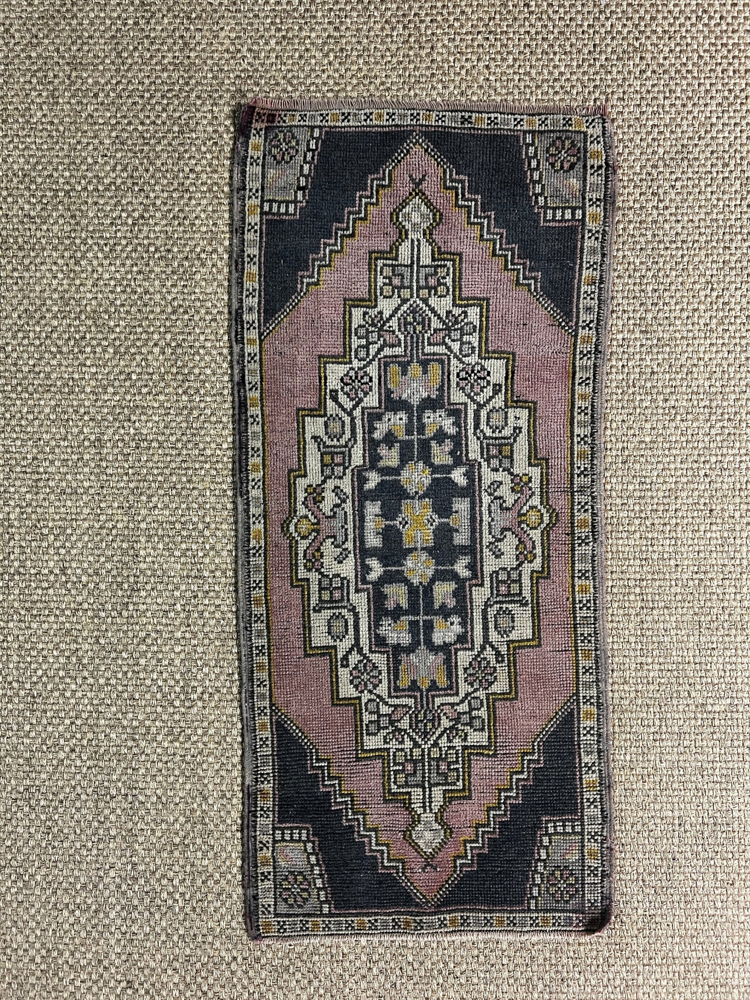 Vintage 1.8x3.8 Turkish Oushak Pink and Black Small Rug | Banana Manor Rug Factory Outlet