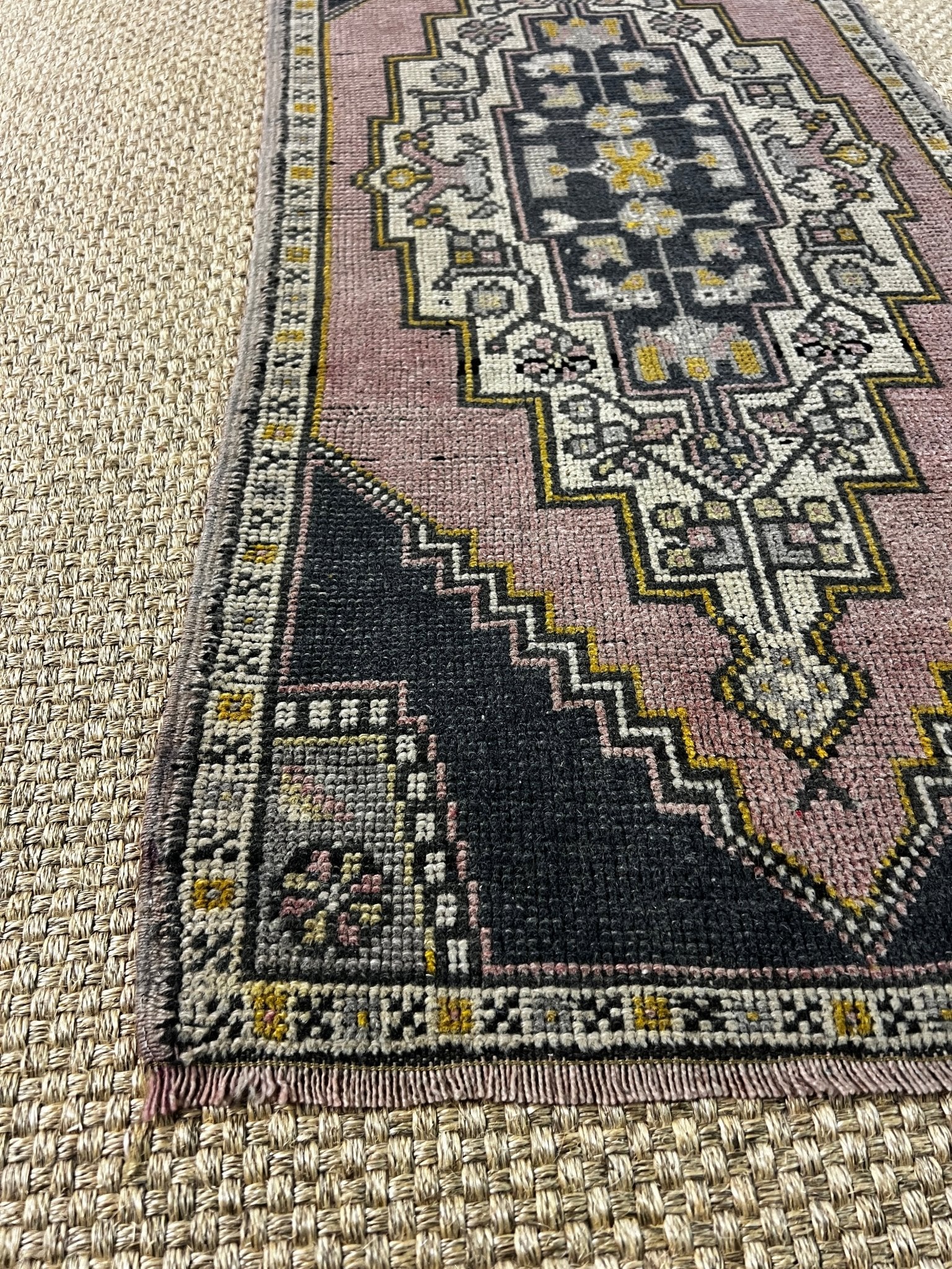 Vintage 1.8x3.8 Turkish Oushak Pink and Black Small Rug | Banana Manor Rug Factory Outlet