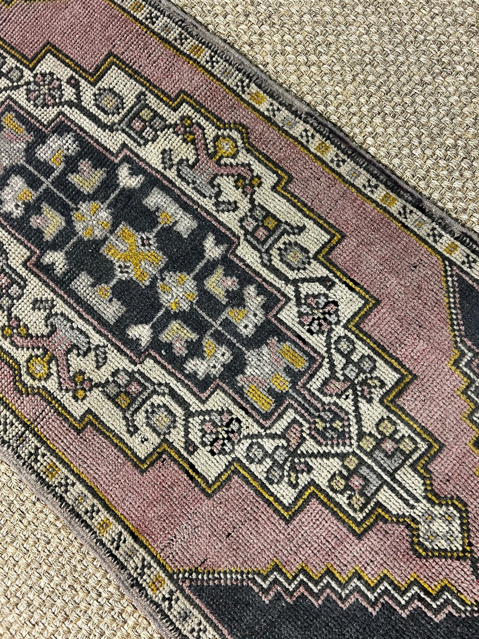 Vintage 1.8x3.8 Turkish Oushak Pink and Black Small Rug | Banana Manor Rug Factory Outlet