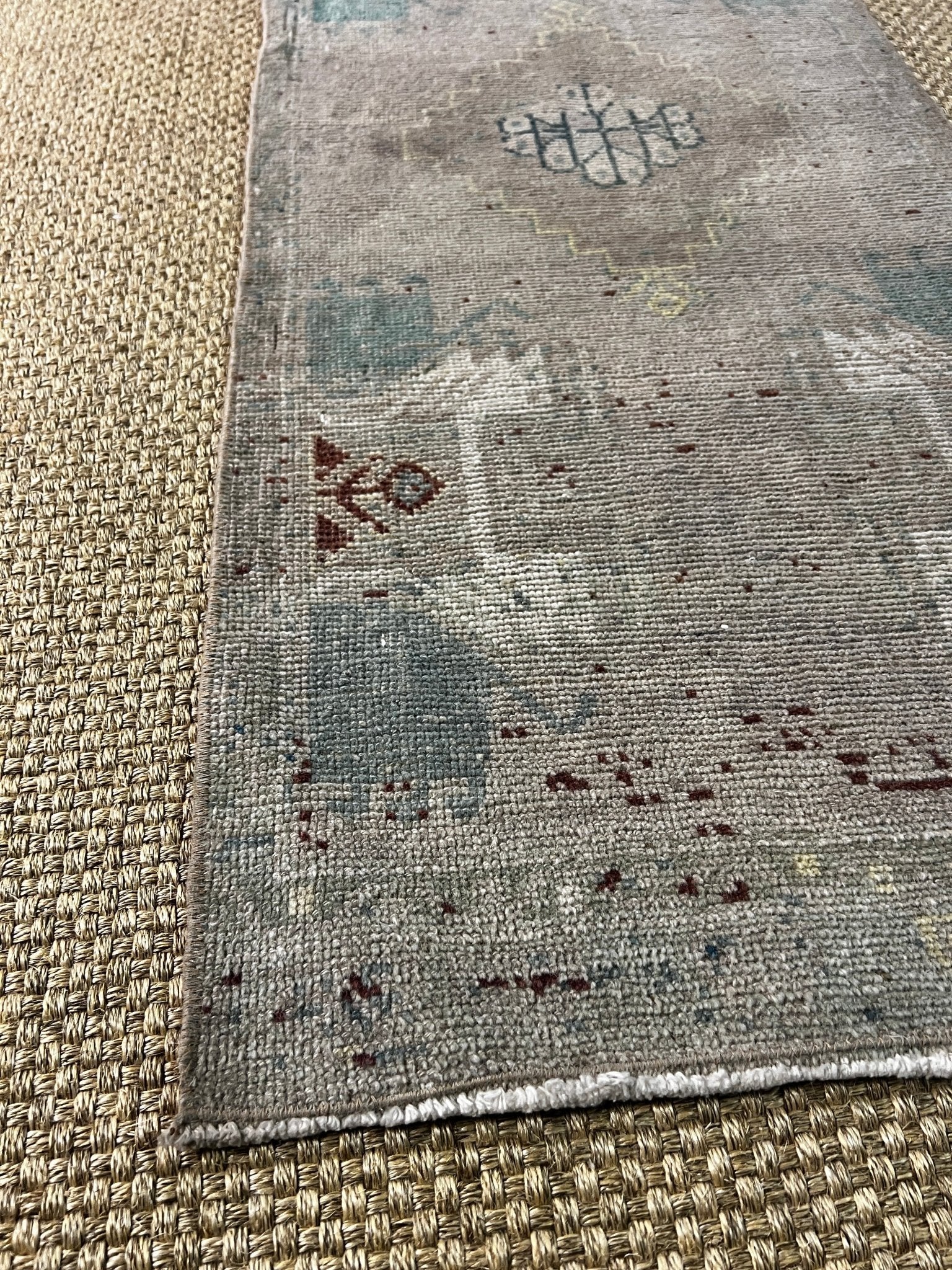 Vintage 1.8x4.2 Turkish Oushak Greige and Aqua Small Rug | Banana Manor Rug Factory Outlet
