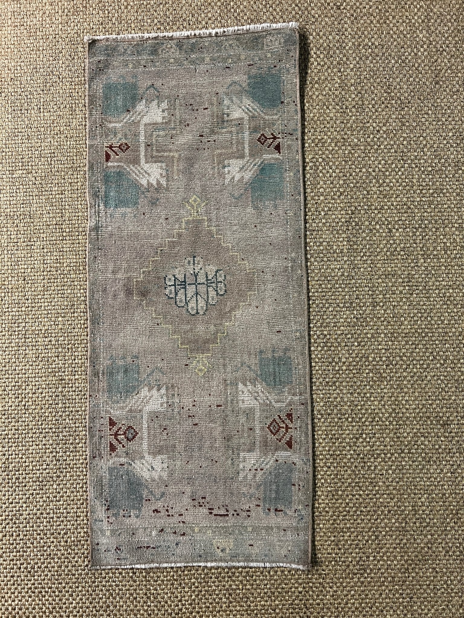 Vintage 1.8x4.2 Turkish Oushak Greige and Aqua Small Rug | Banana Manor Rug Factory Outlet