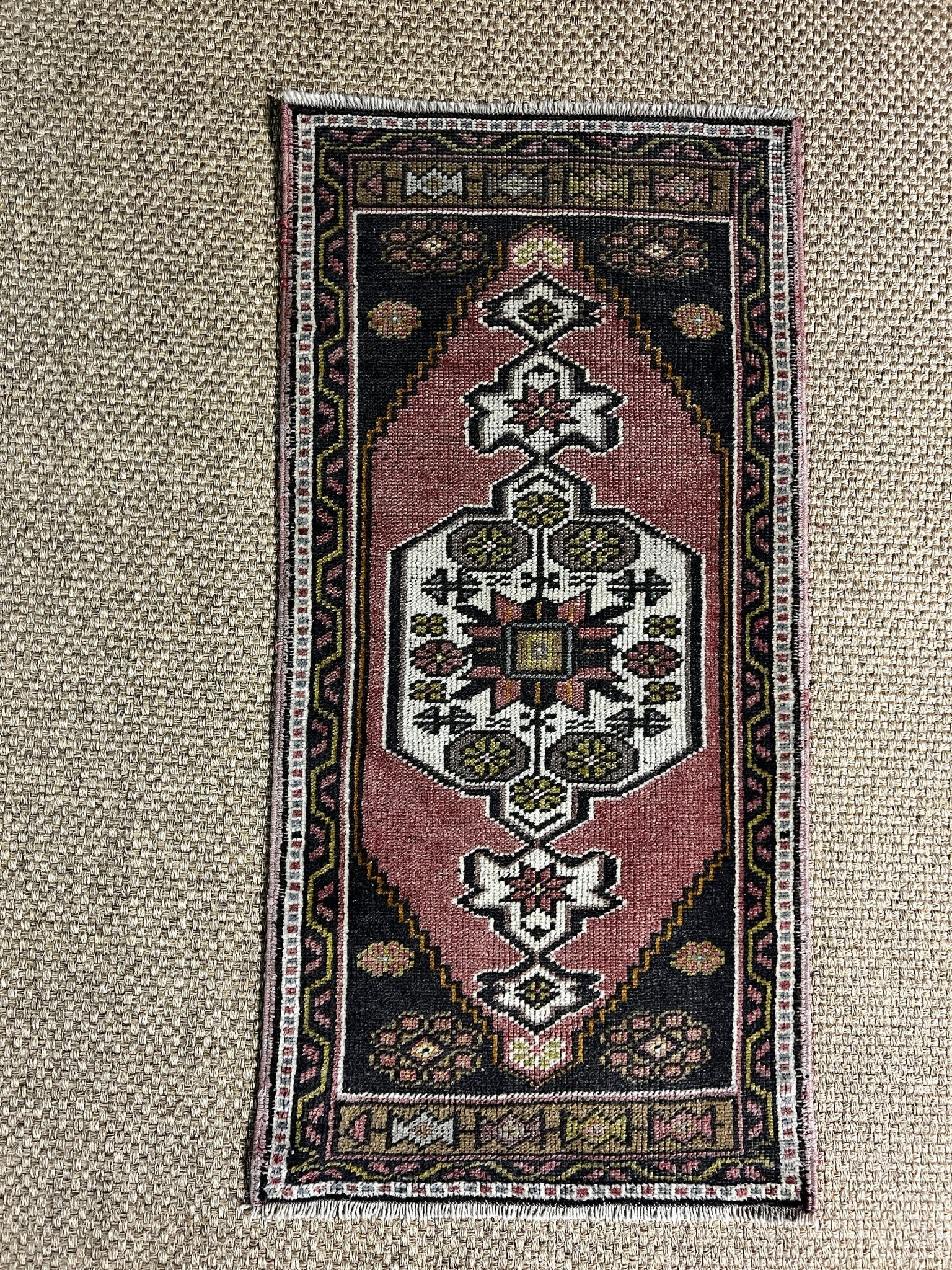 Vintage 1.9x3.8 Turkish Oushak Pink and Black Small Rug | Banana Manor Rug Factory Outlet