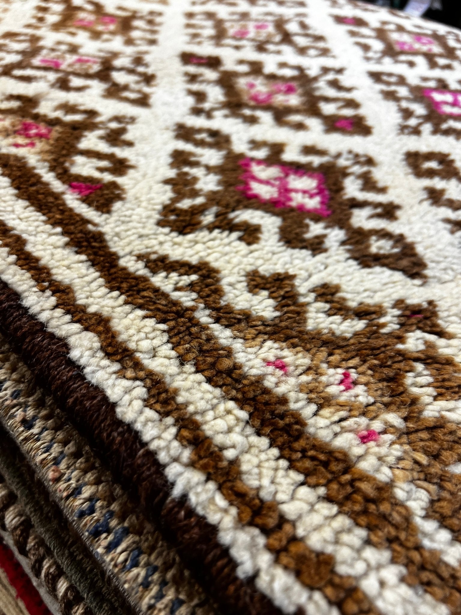 Vintage 2.10x11.9 Ivory and Brown Turkish Runner | Banana Manor Rug Factory Outlet