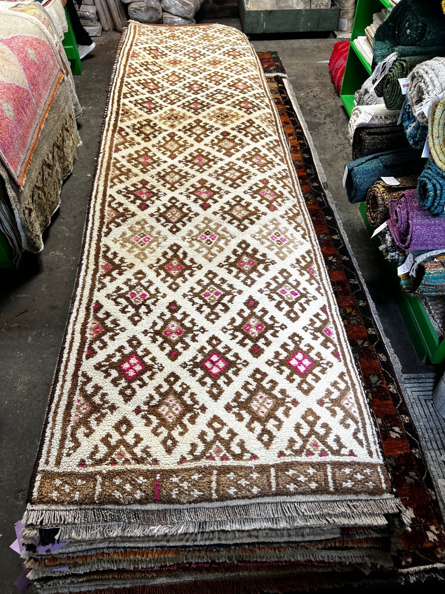 Vintage 2.10x11.9 Ivory and Brown Turkish Runner | Banana Manor Rug Factory Outlet