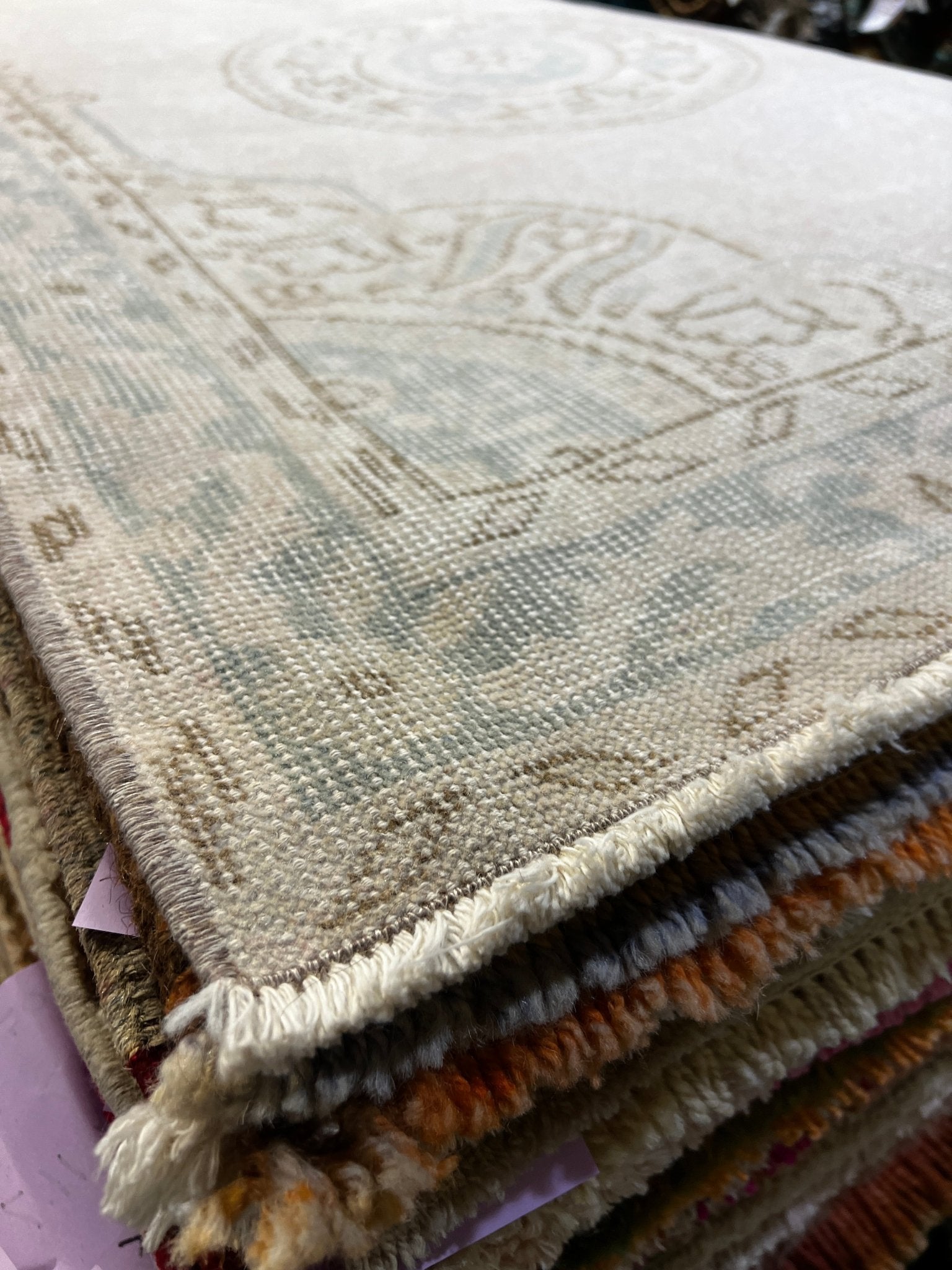 Vintage 2.11x12.1 Light Beige and Blue Turkish Oushak Runner | Banana Manor Rug Factory Outlet