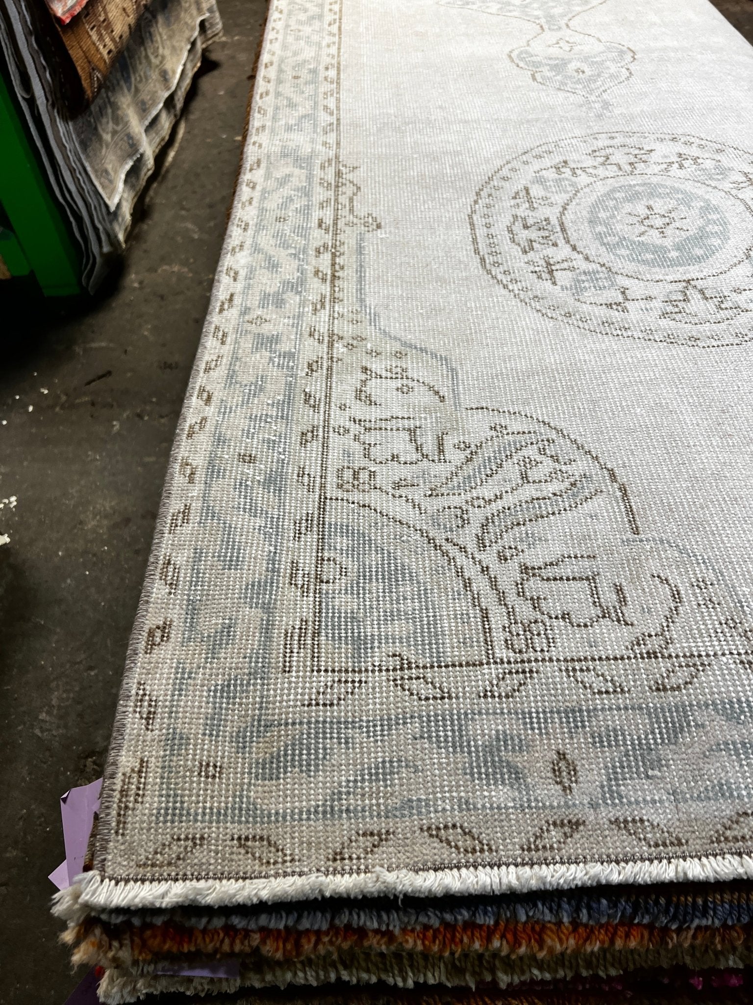 Vintage 2.11x12.1 Light Beige and Blue Turkish Oushak Runner | Banana Manor Rug Factory Outlet