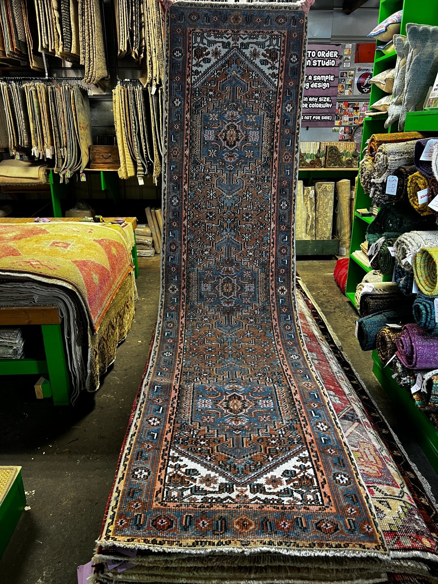 Vintage 2.3 x 8.11 Blue and Brown Turkish Oushak Runner | Banana Manor Rug Factory Outlet