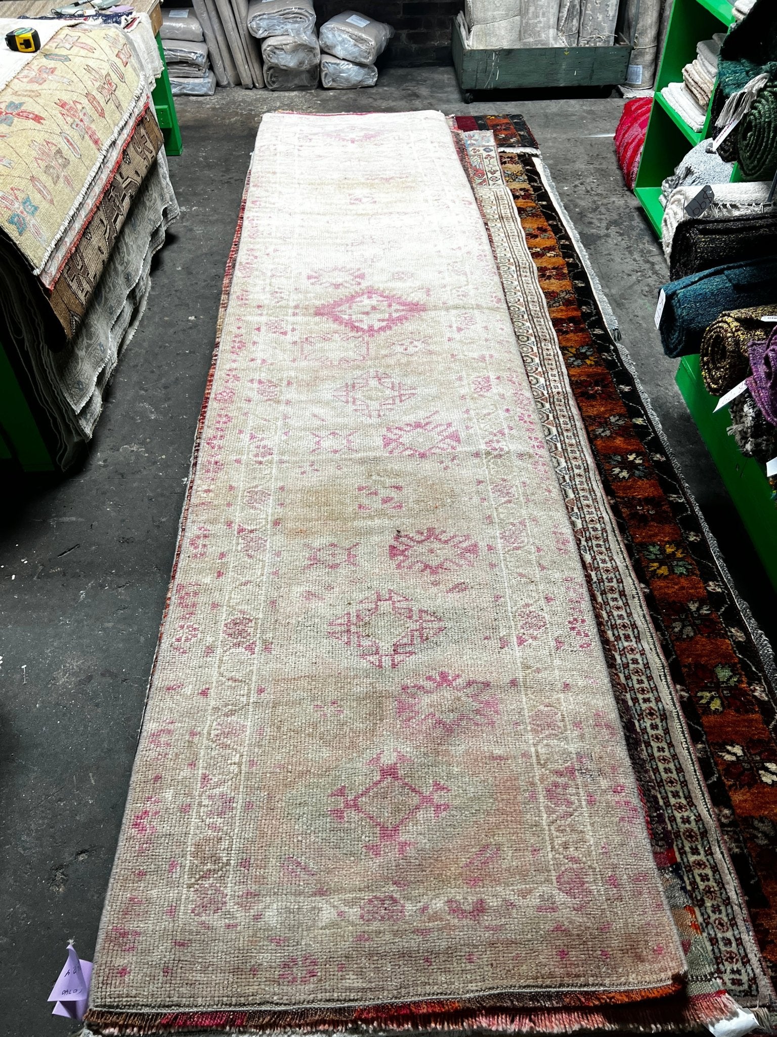 Vintage 2.8x11.9 Pink and Gray Turkish Oushak Runner | Banana Manor Rug Factory Outlet