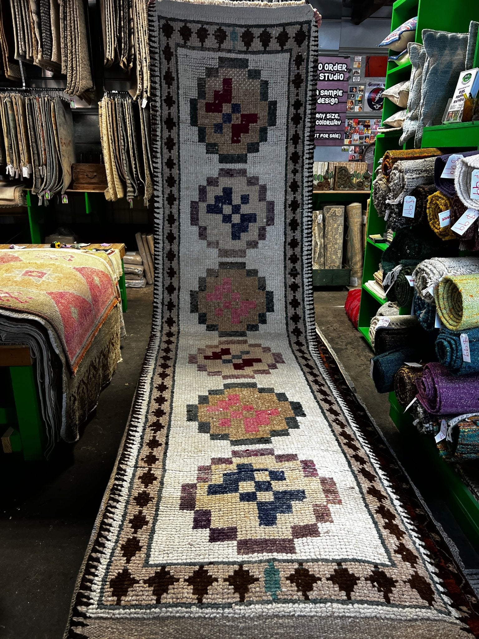 Vintage 2.9x11 Ivory and Brown Multicolor Turkish Runner | Banana Manor Rug Factory Outlet