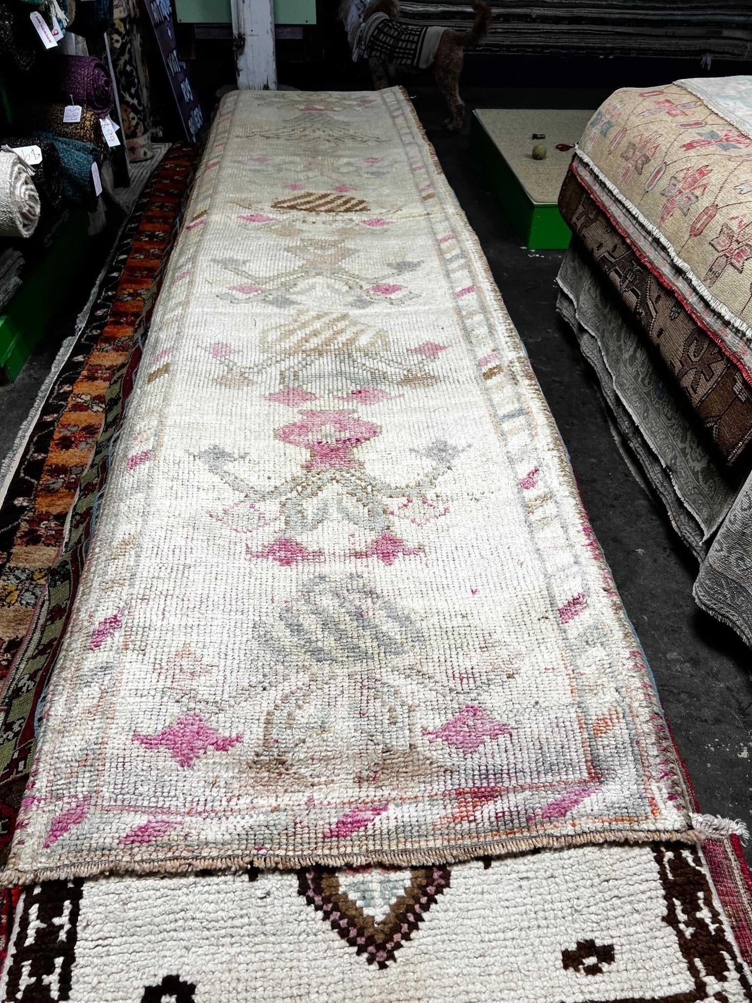 Vintage 2.9x11.8 Light Gray and Pink Turkish Oushak Runner | Banana Manor Rug Factory Outlet