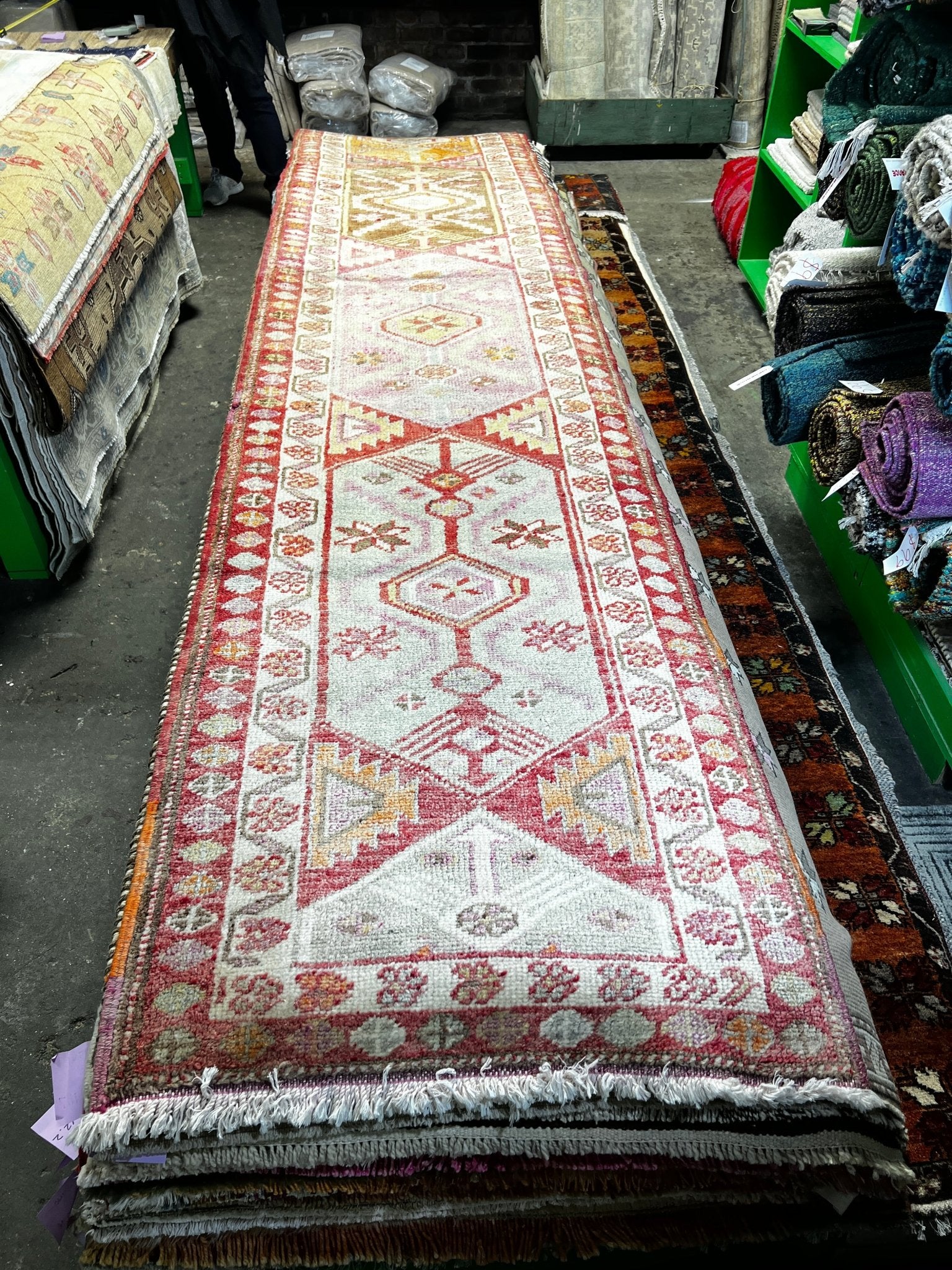 Vintage 2.9x12.9 Red and Gray Turkish Oushak Runner | Banana Manor Rug Factory Outlet