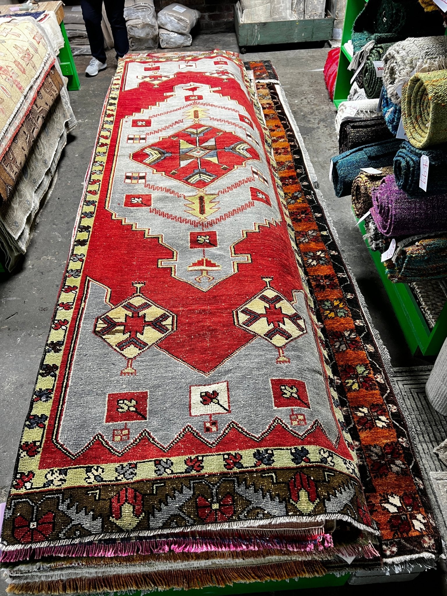 Vintage 3.5x11.4 Red and Gray Turkish Oushak Runner | Banana Manor Rug Factory Outlet