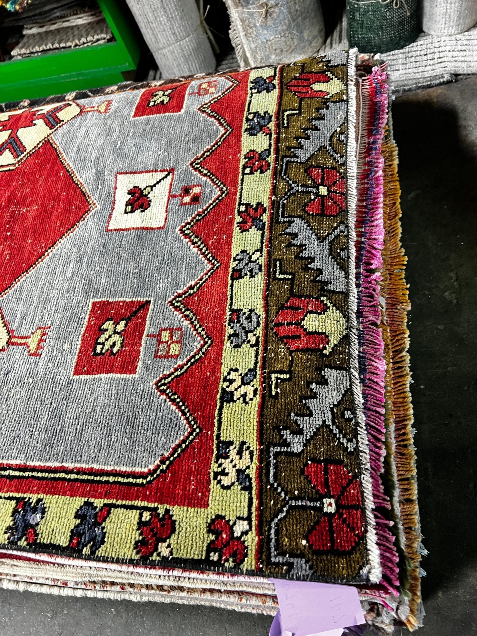 Vintage 3.5x11.4 Red and Gray Turkish Oushak Runner | Banana Manor Rug Factory Outlet
