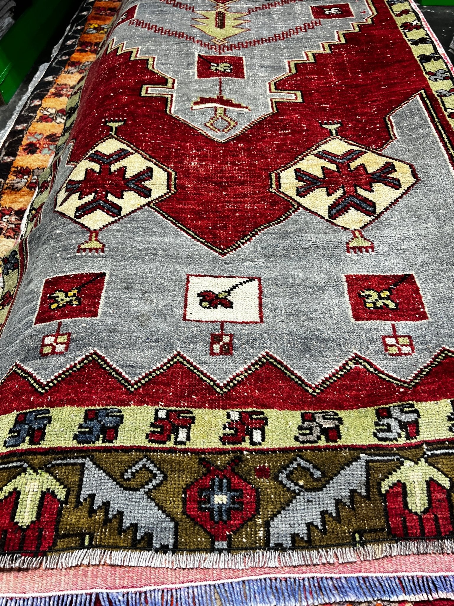 Vintage 3.5x11.4 Red and Gray Turkish Oushak Runner | Banana Manor Rug Factory Outlet