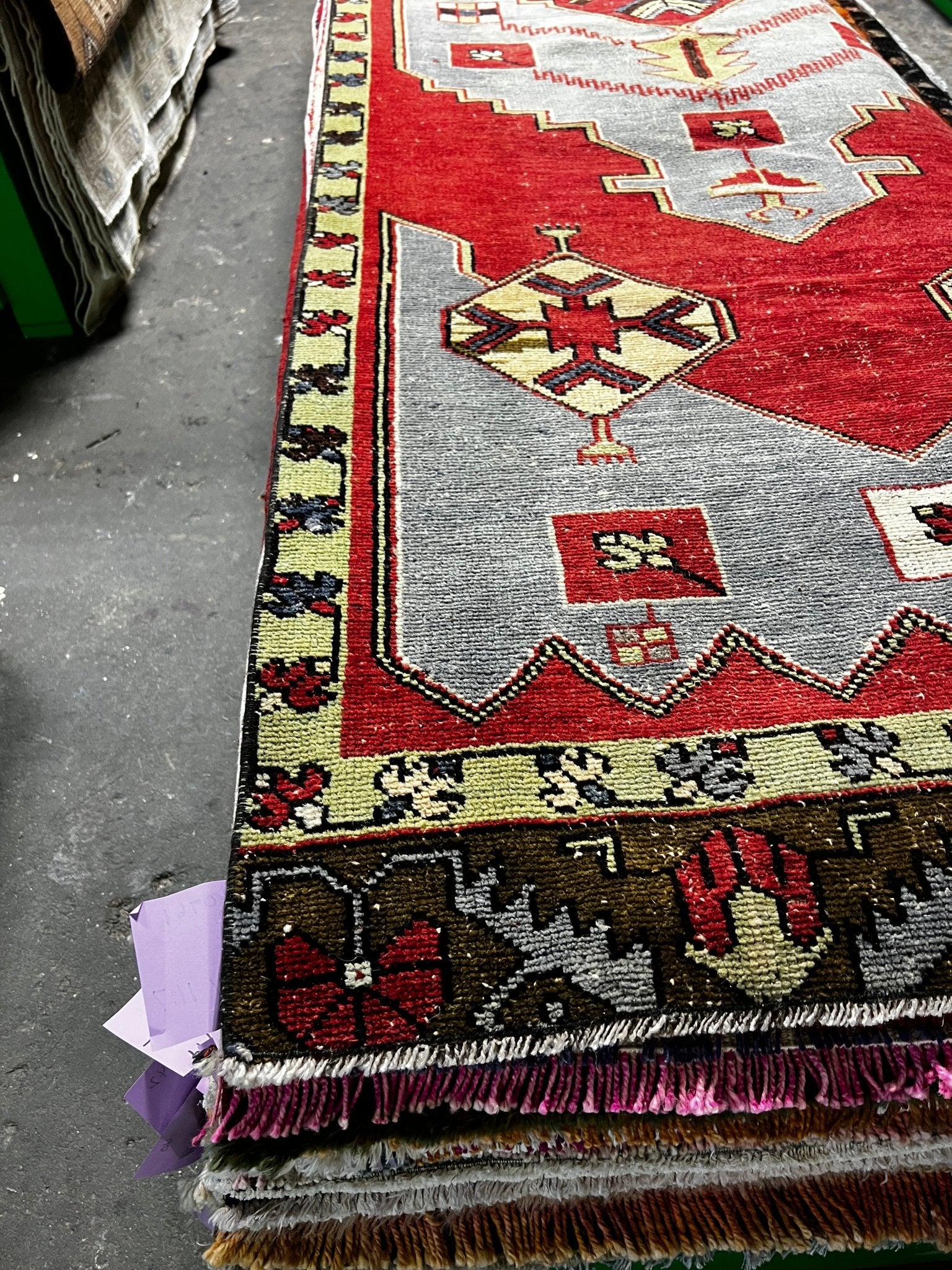 Vintage 3.5x11.4 Red and Gray Turkish Oushak Runner | Banana Manor Rug Factory Outlet