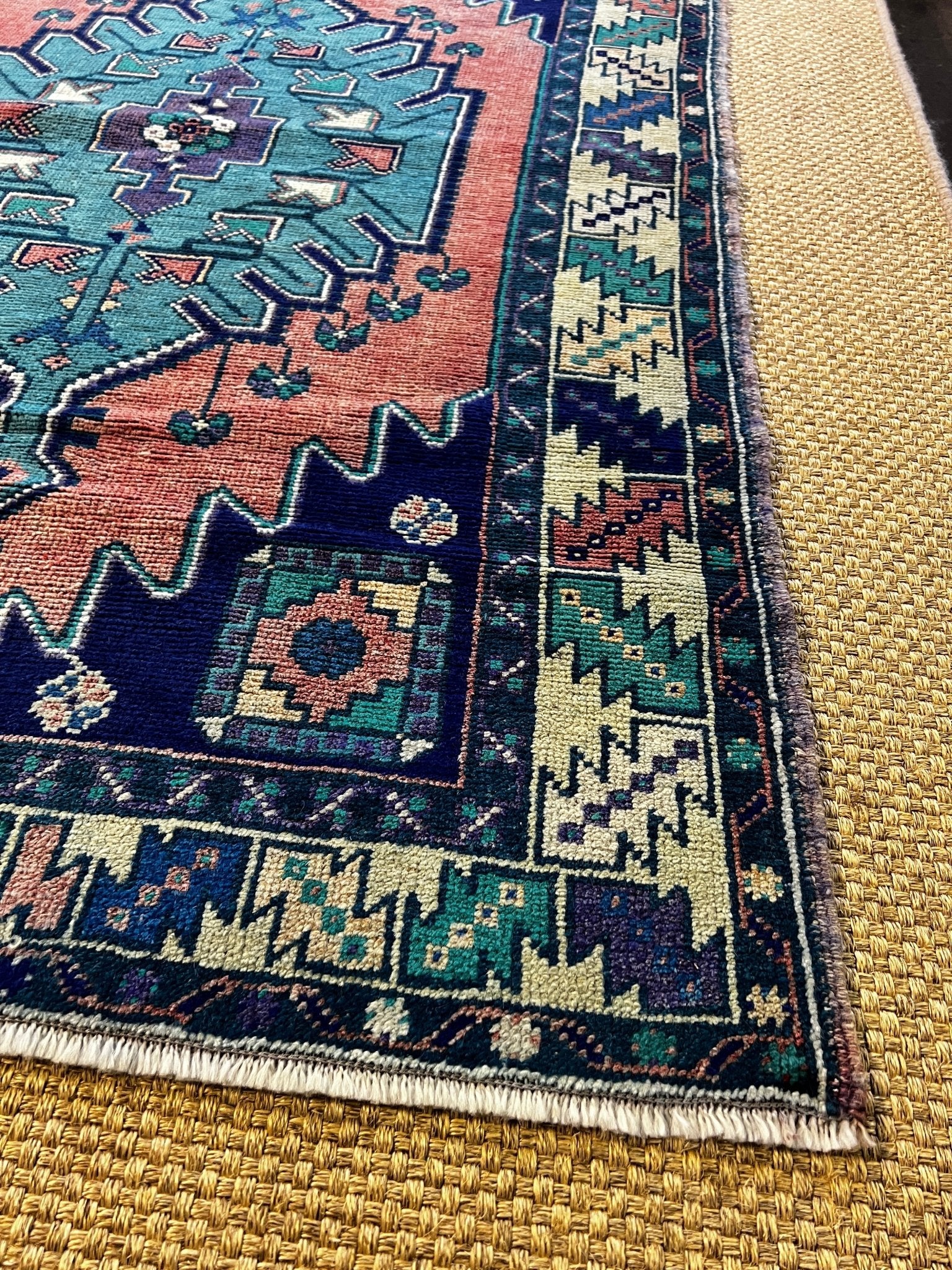 Vintage 3.6x5.6 Turkish Oushak Blue and Red Rug | Banana Manor Rug Factory Outlet
