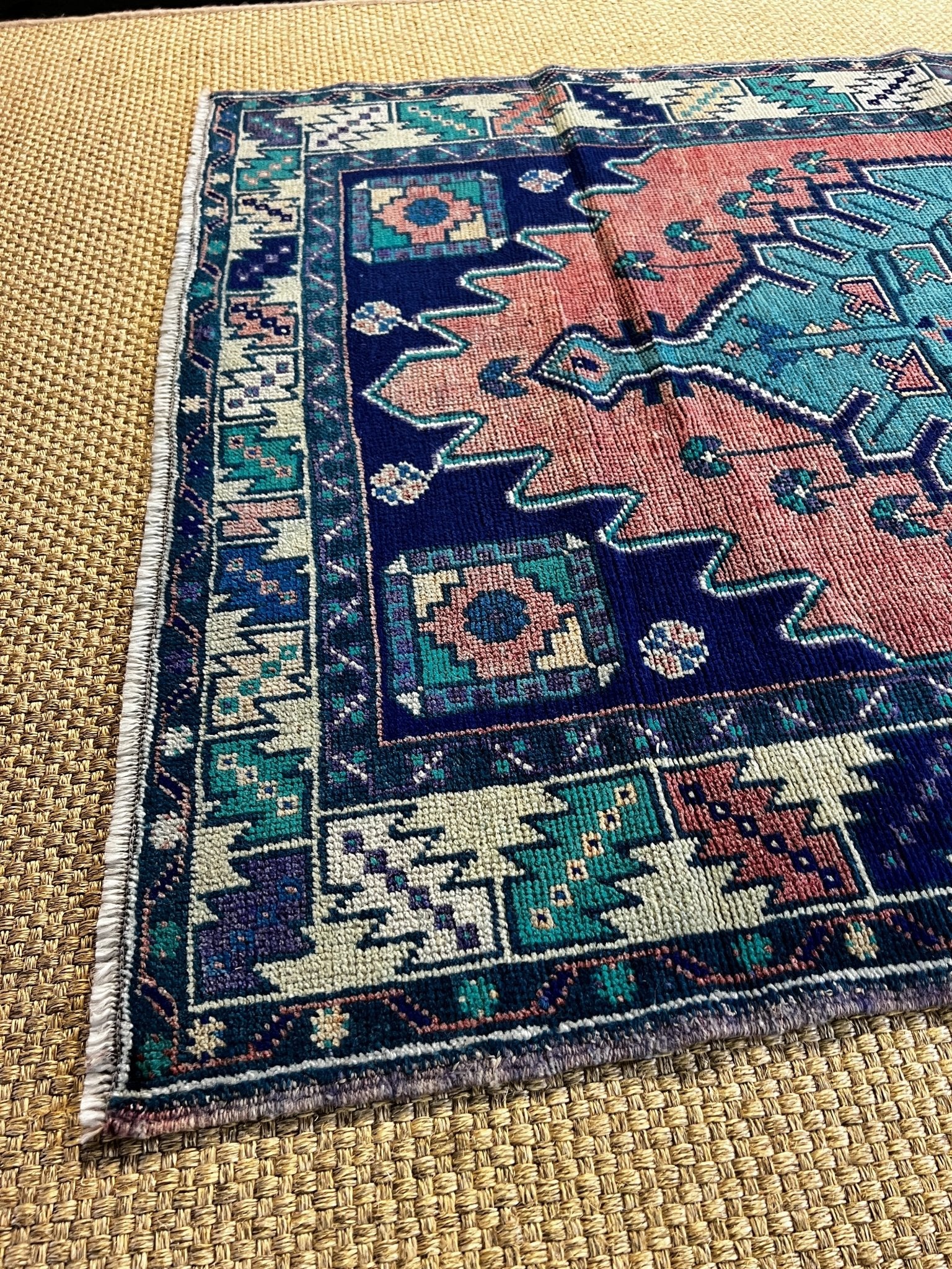 Vintage 3.6x5.6 Turkish Oushak Blue and Red Rug | Banana Manor Rug Factory Outlet