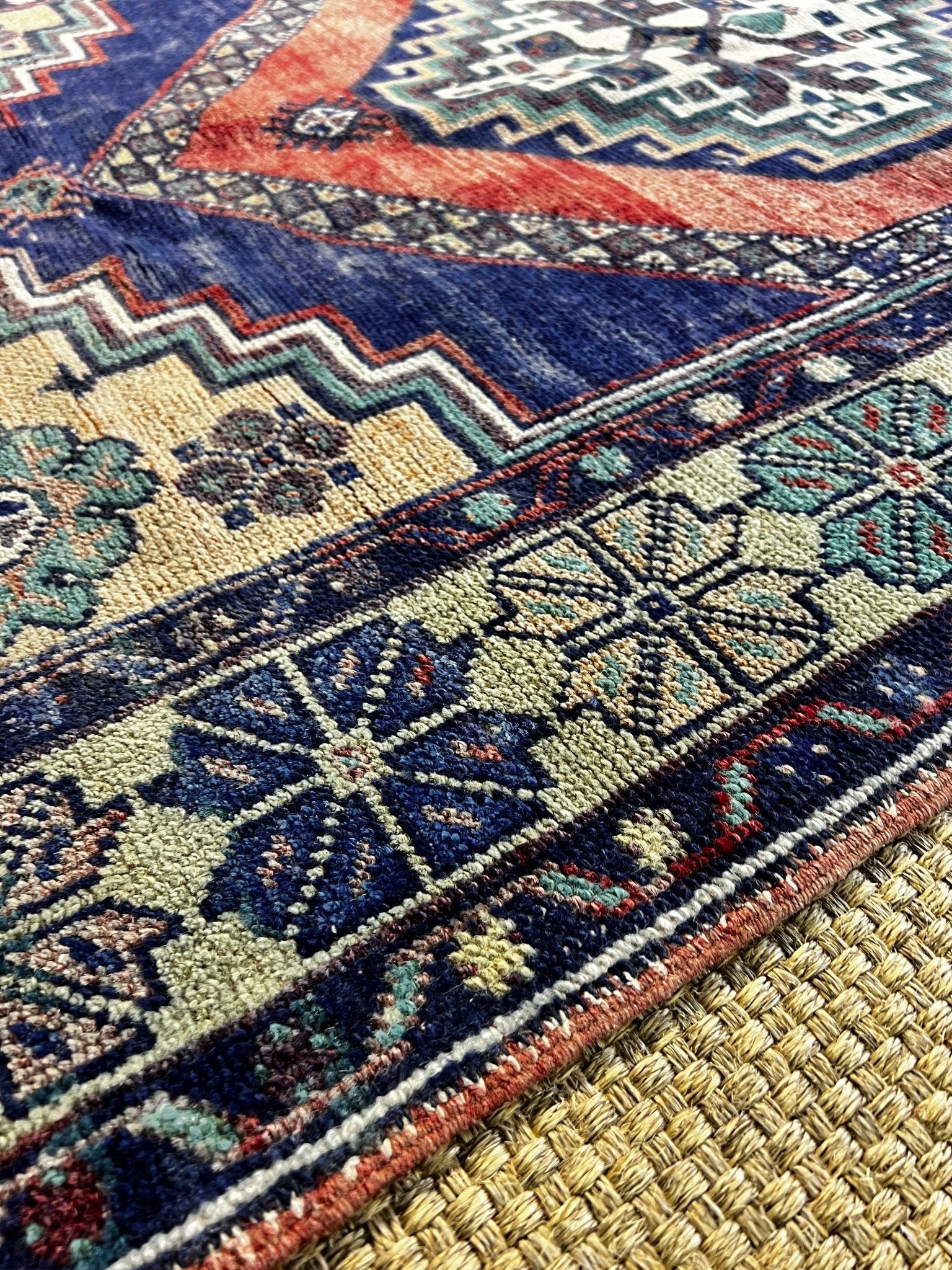 Vintage 3.7x5.8 Turkish Oushak Blue and Red Rug | Banana Manor Rug Factory Outlet