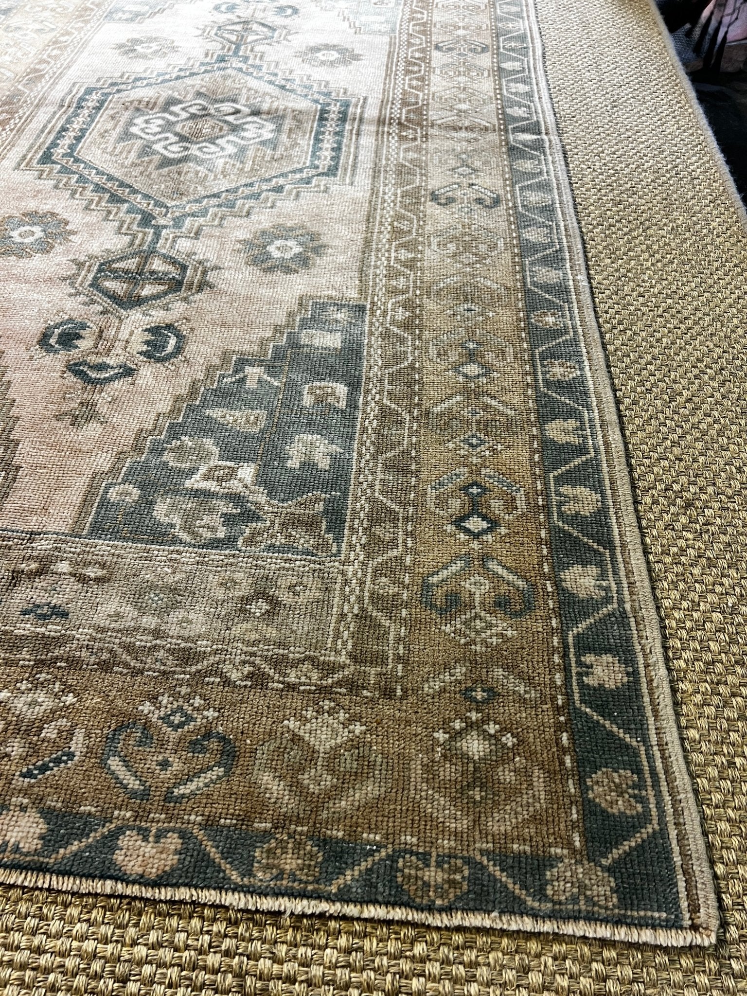 Vintage 3.7x6.11 Turkish Oushak Beige and Blue Rug | Banana Manor Rug Factory Outlet