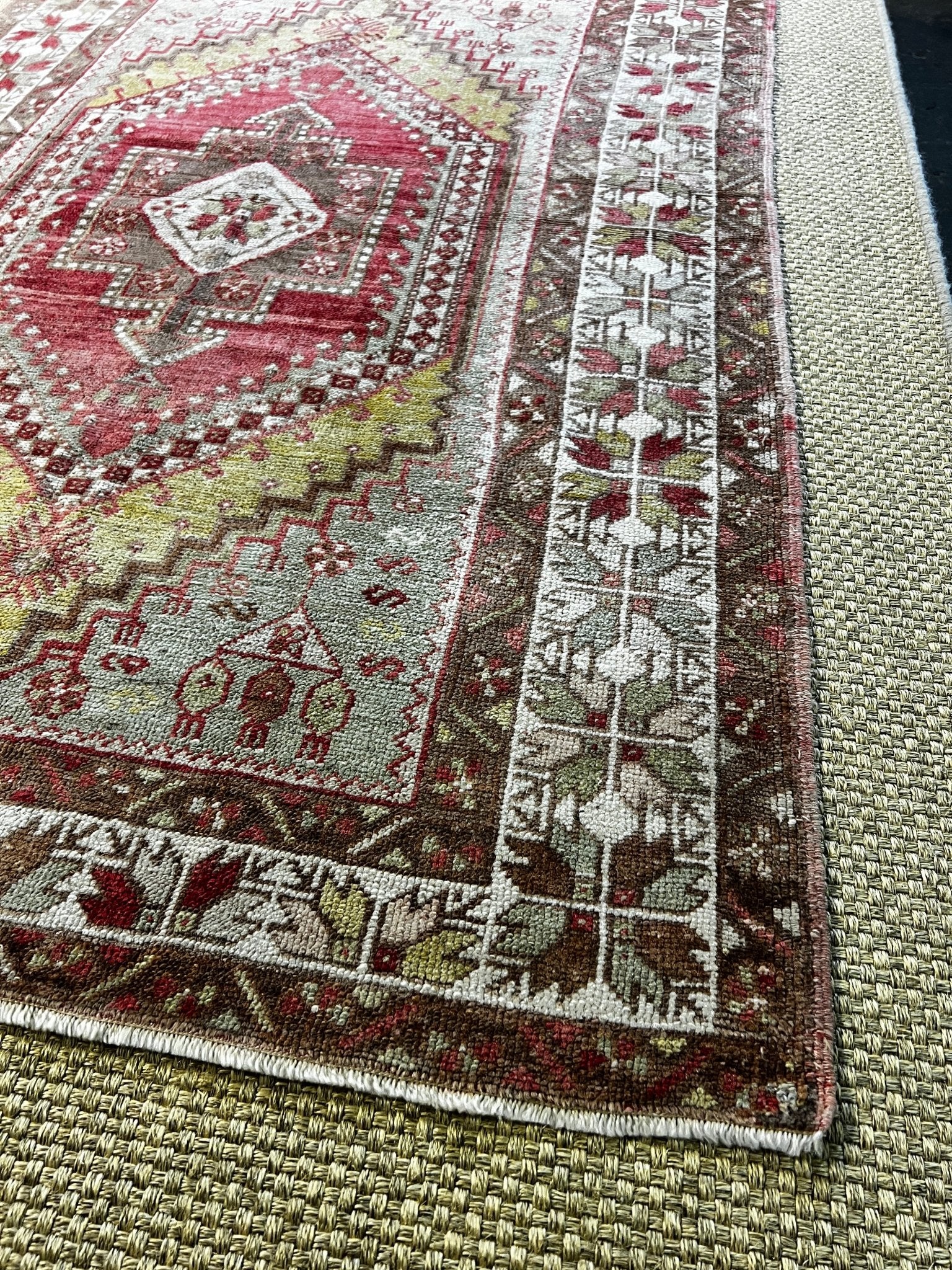 Vintage 3.8x5.9 Turkish Oushak Sage and Red Rug | Banana Manor Rug Factory Outlet