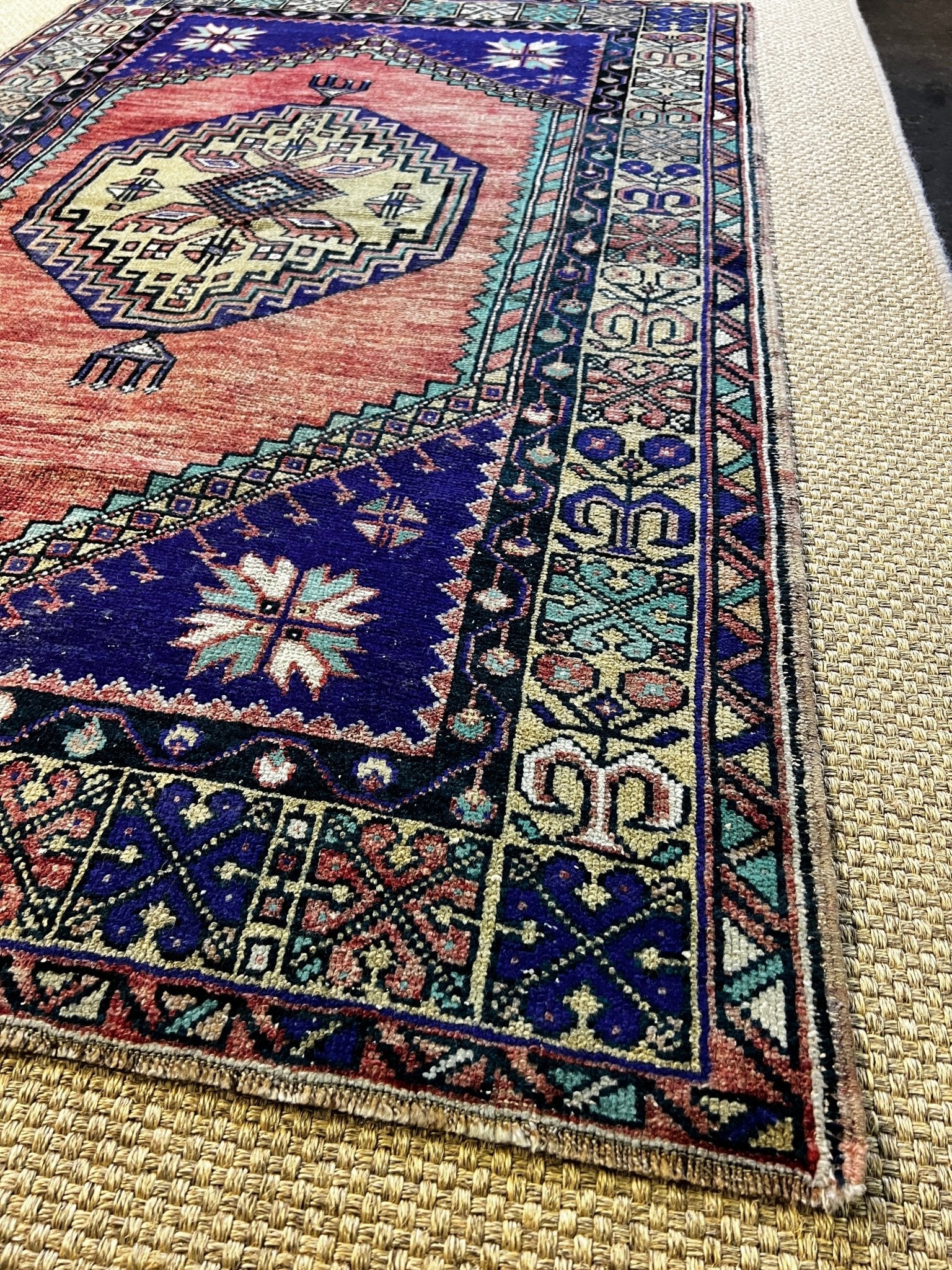 Vintage 3.9x5.9 Turkish Oushak Blue and Red Rug | Banana Manor Rug Factory Outlet