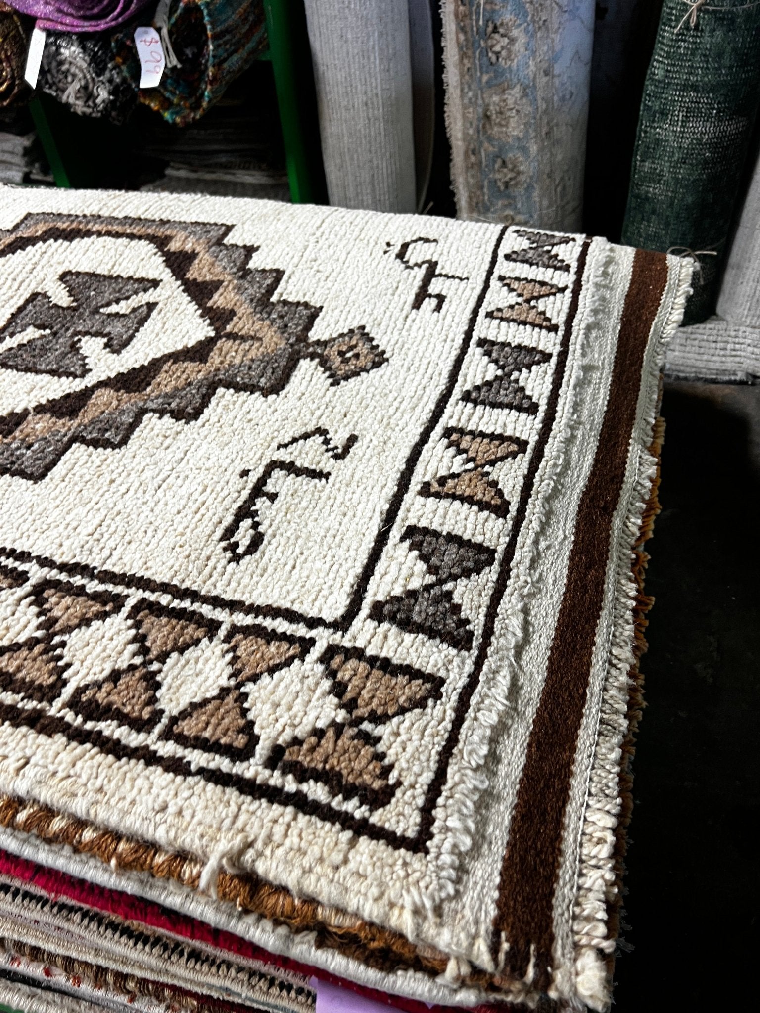 Vintage 3x13.9 Ivory and Tan Turkish Oushak Runner | Banana Manor Rug Factory Outlet