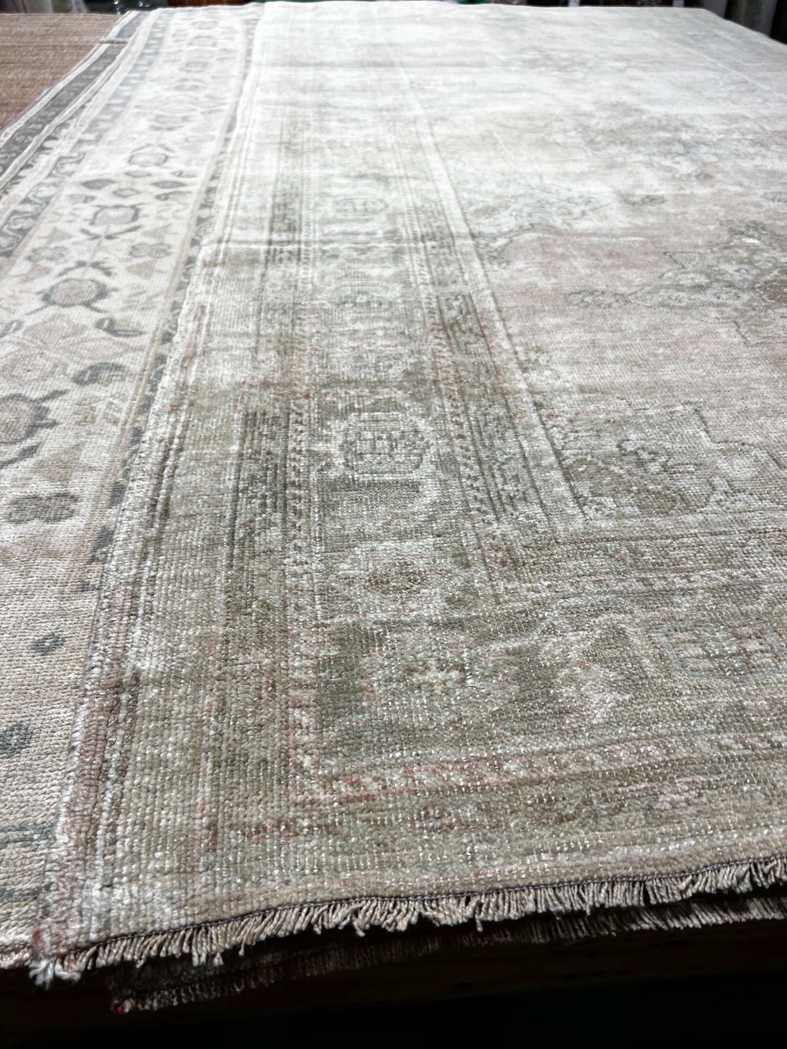 Vintage 4.11x13.10 Green and Beige Turkish Oushak | Banana Manor Rug Factory Outlet
