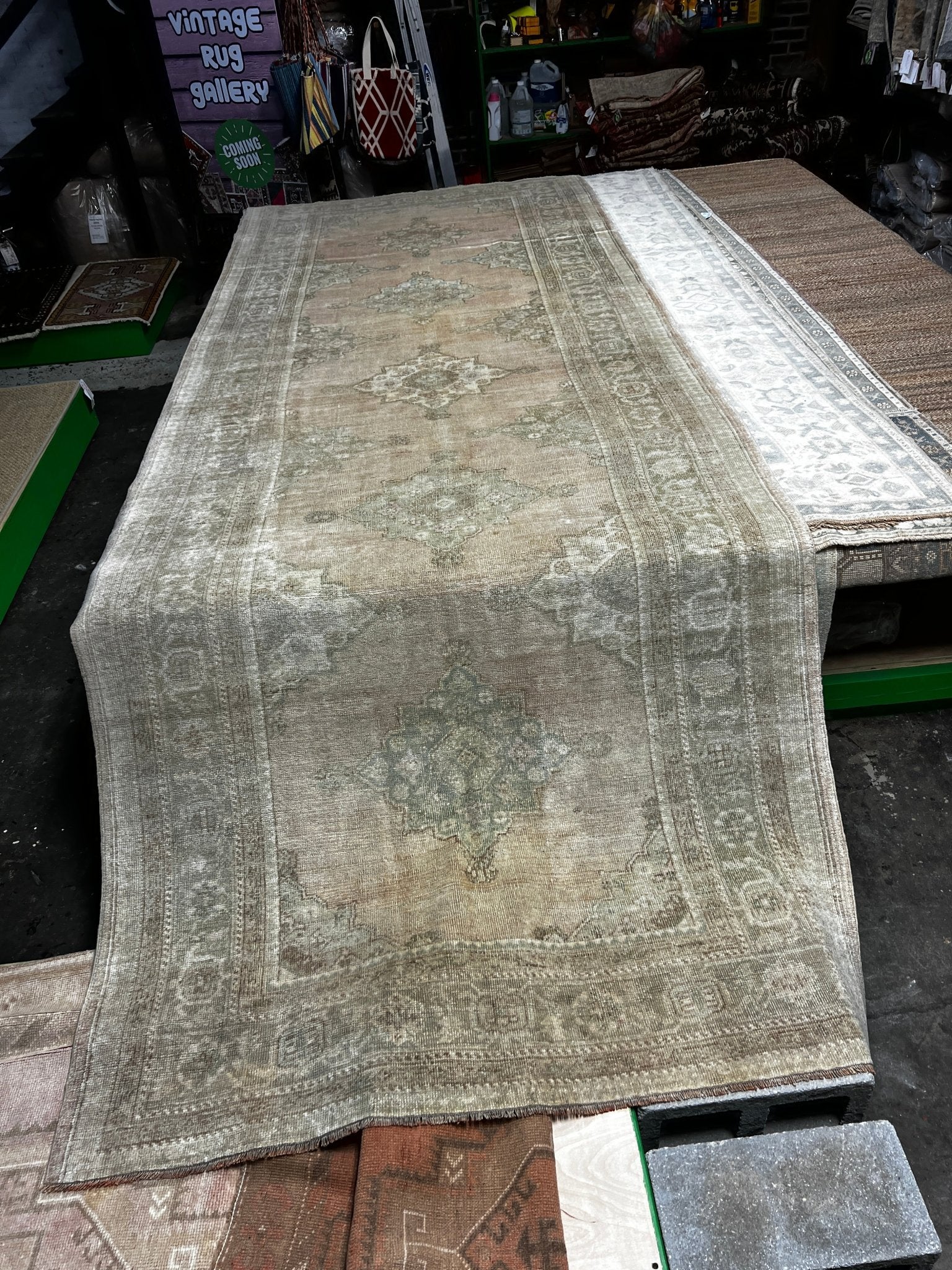 Vintage 4.11x13.10 Green and Beige Turkish Oushak | Banana Manor Rug Factory Outlet