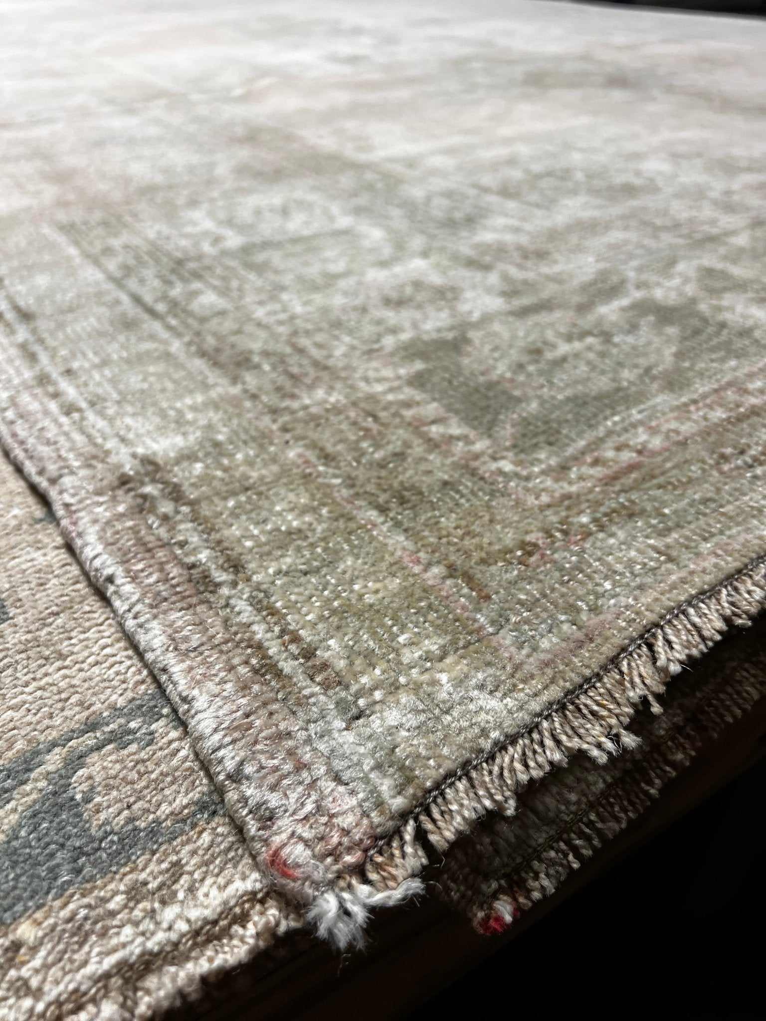 Vintage 4.11x13.10 Green and Beige Turkish Oushak | Banana Manor Rug Factory Outlet