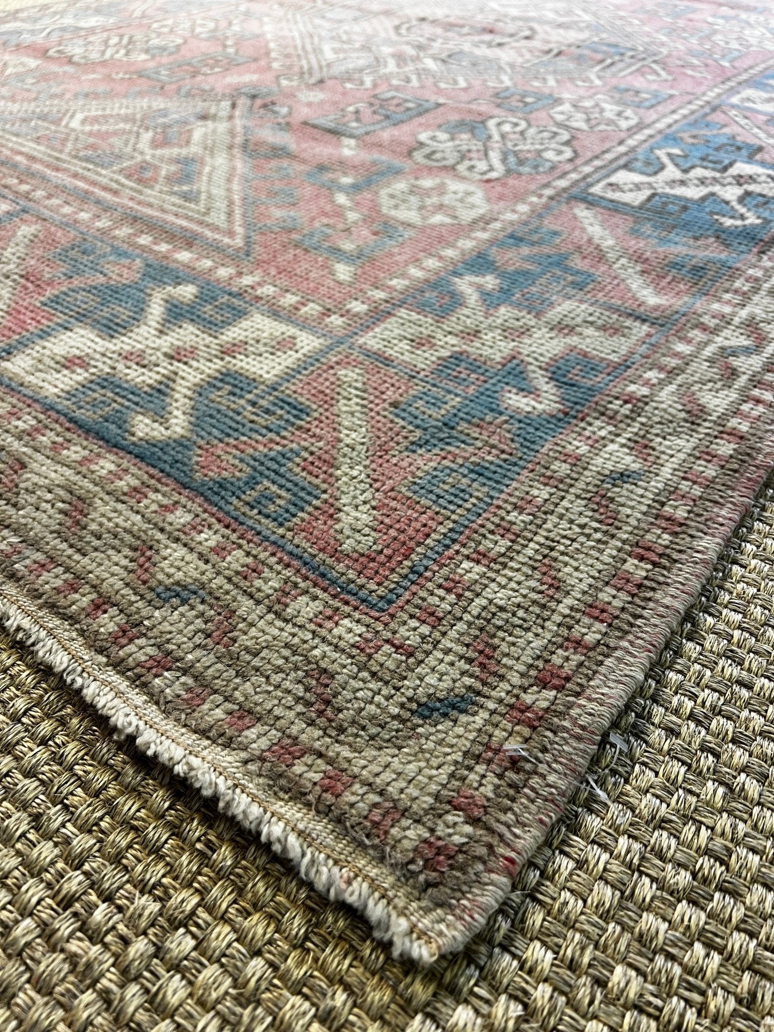 Vintage 4.3x6.8 Blue and Pink Turkish Oushak | Banana Manor Rug Factory Outlet
