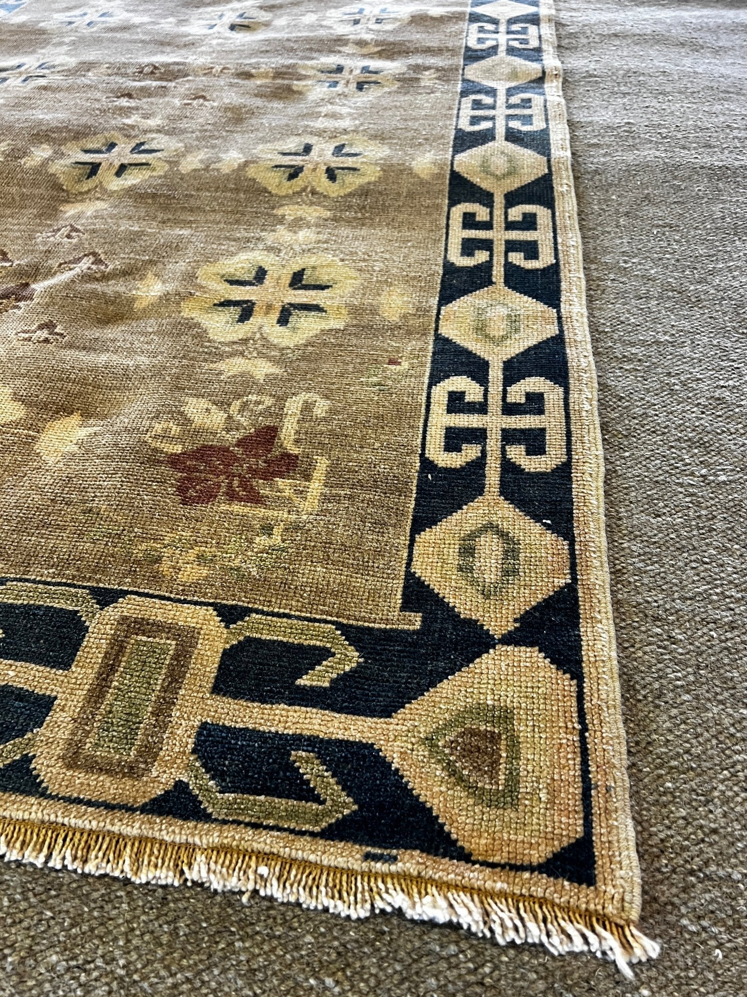 Vintage 4.3x8.2 Turkish Oushak Tan and Navy Blue Rug | Banana Manor Rug Factory Outlet