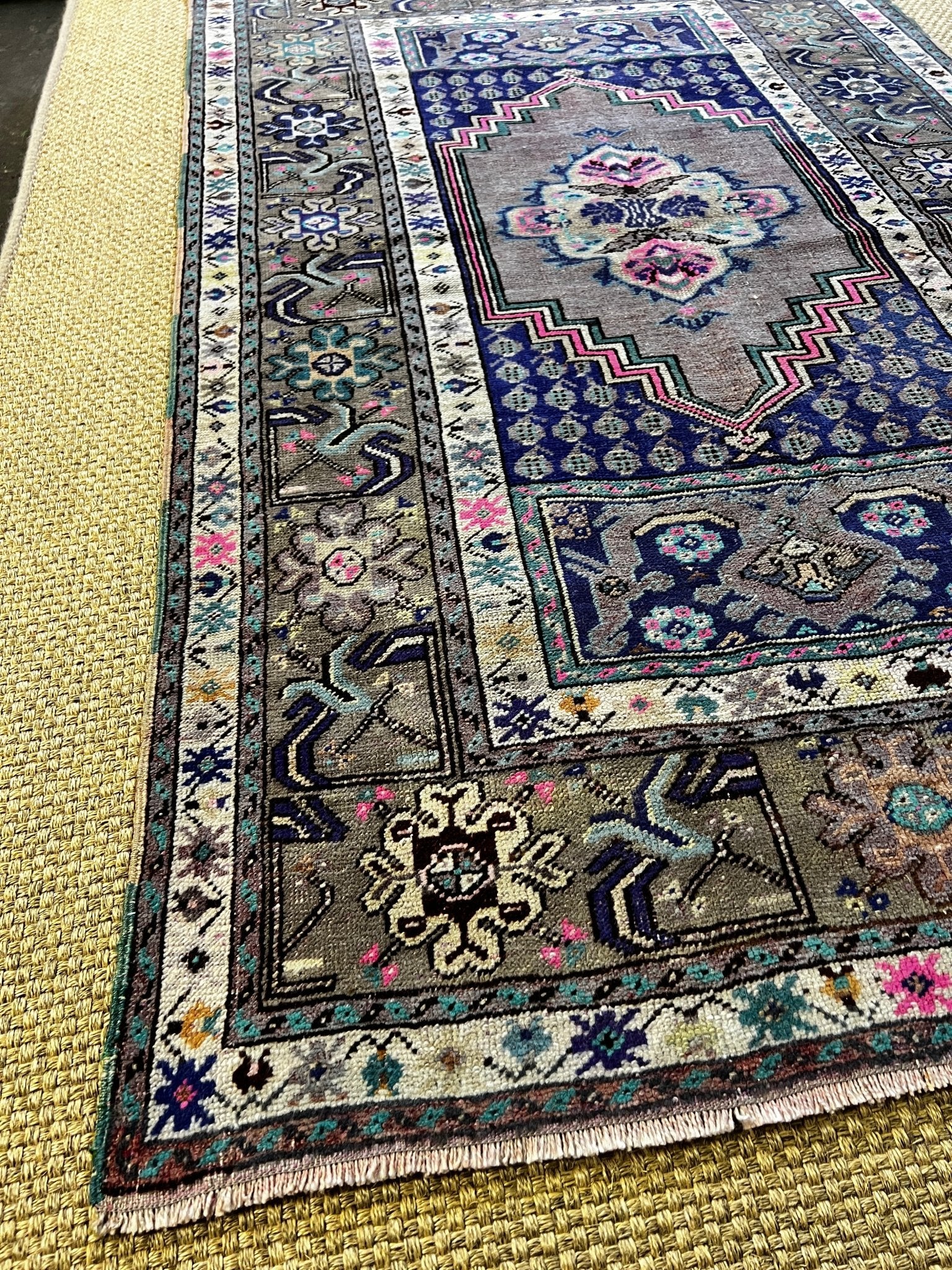 Vintage 4.4x5.11 Grey and Blue Turkish Oushak | Banana Manor Rug Factory Outlet
