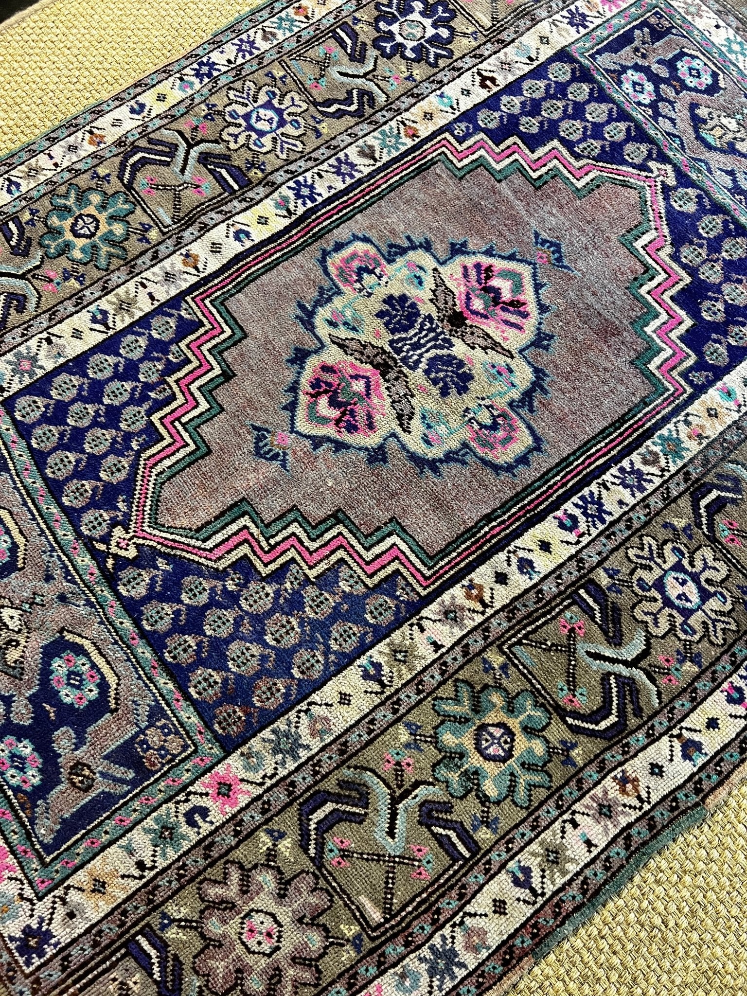 Vintage 4.4x5.11 Grey and Blue Turkish Oushak | Banana Manor Rug Factory Outlet