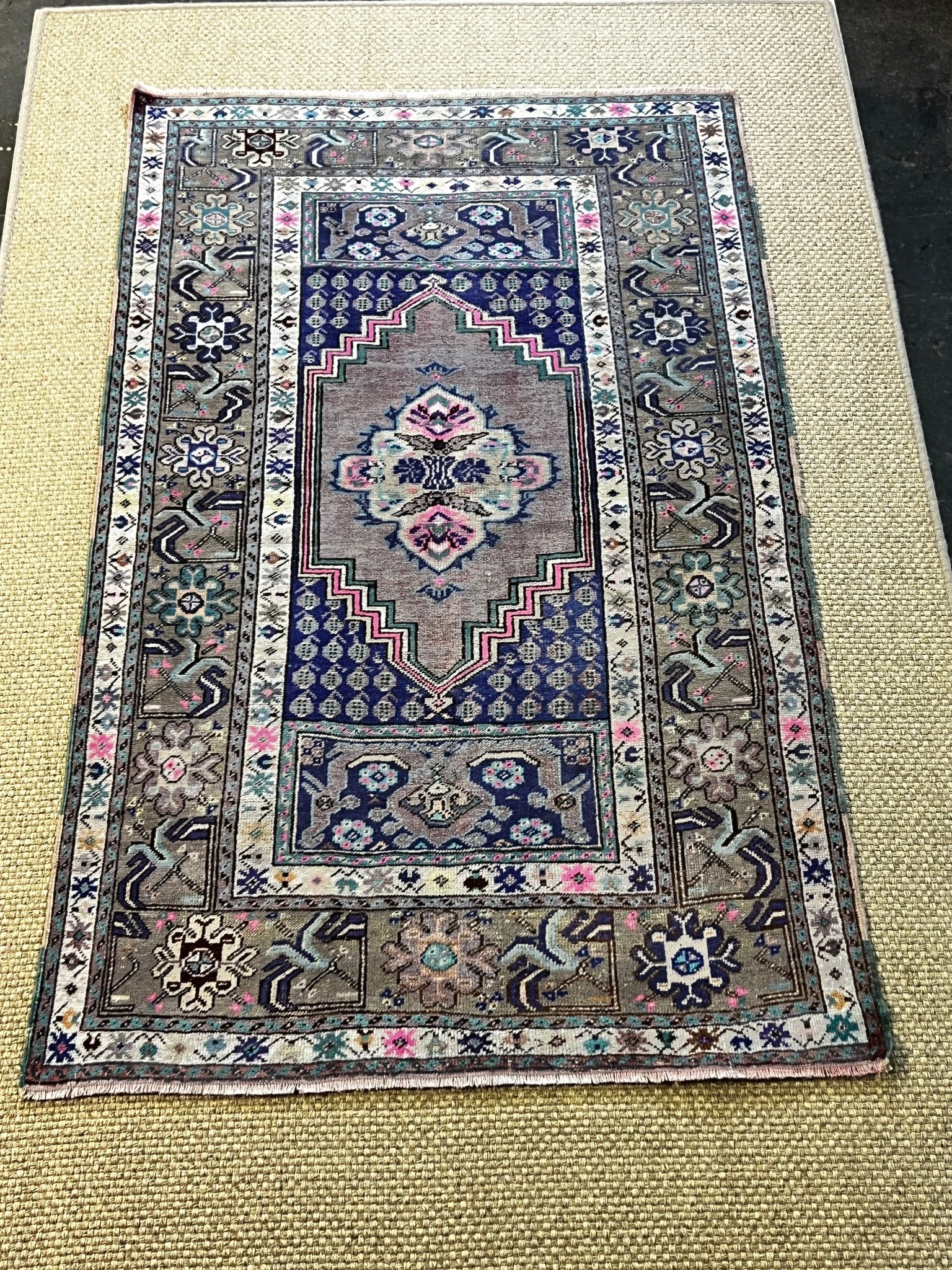 Vintage 4.4x5.11 Grey and Blue Turkish Oushak | Banana Manor Rug Factory Outlet