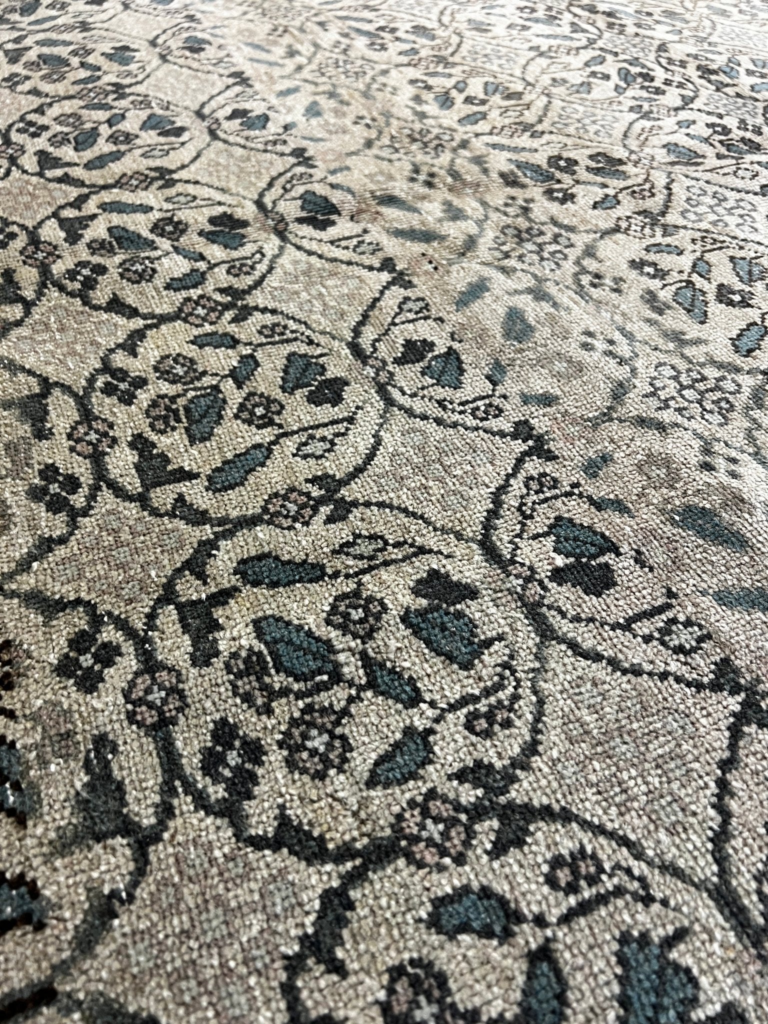 Vintage 4.4x7.10 Blue and Tan Turkish Oushak | Banana Manor Rug Factory Outlet