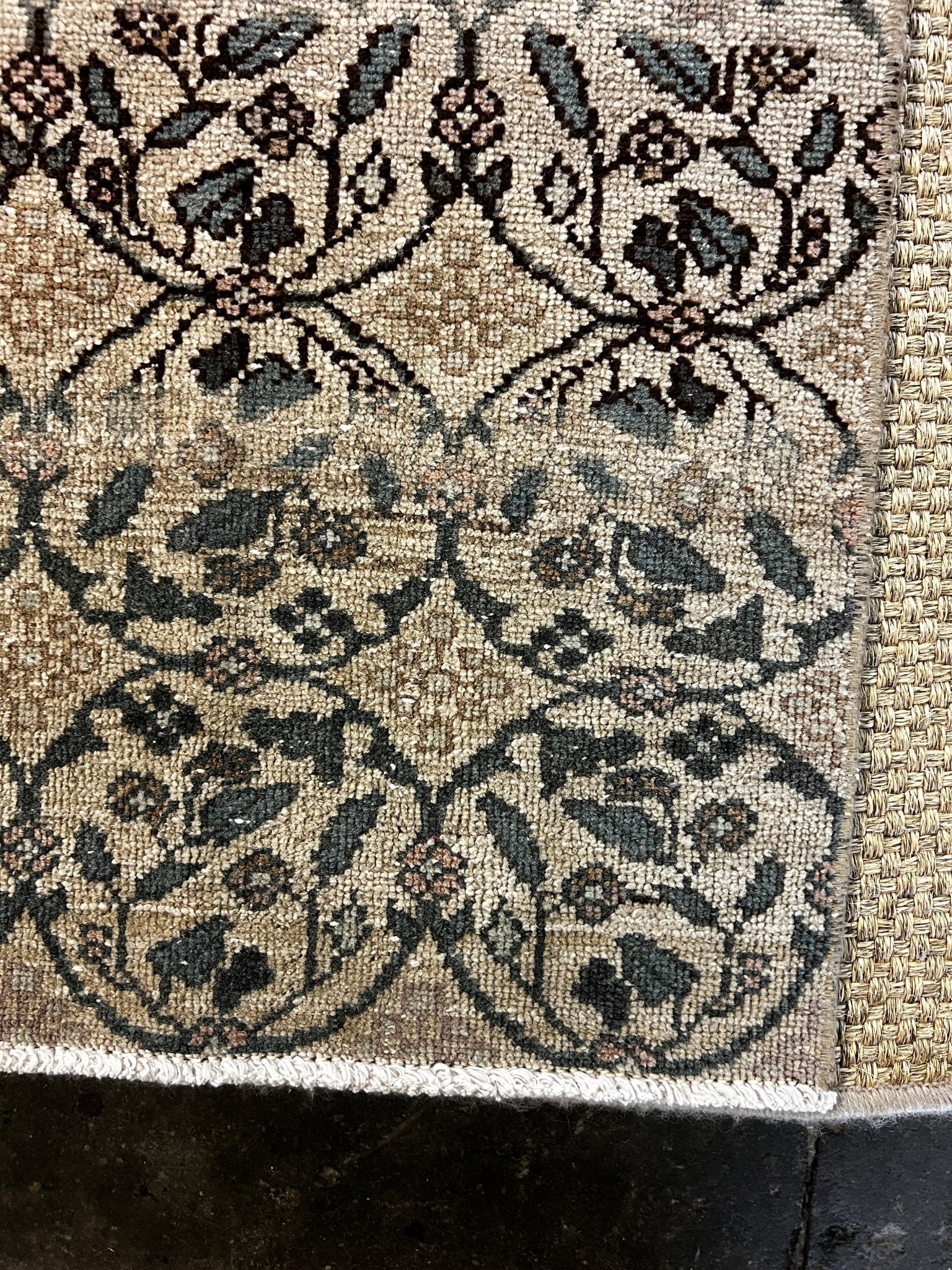 Vintage 4.4x7.10 Blue and Tan Turkish Oushak | Banana Manor Rug Factory Outlet