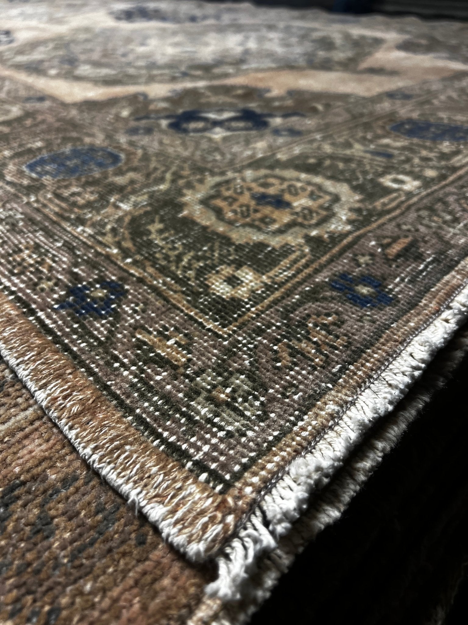 Vintage 4.5x11.10 Blue and Taupe Turkish Oushak | Banana Manor Rug Factory Outlet