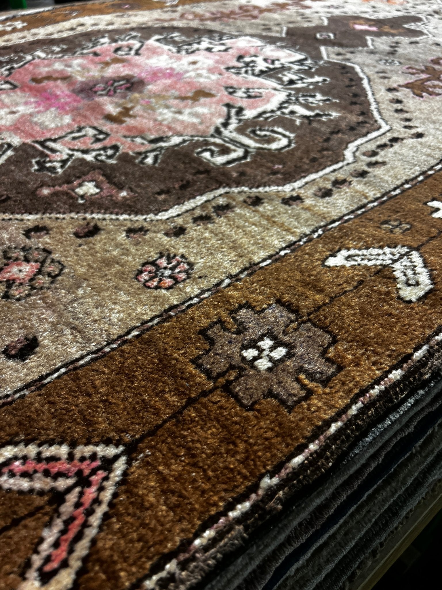 Vintage 4.5x14 Brown and Pink Turkish Oushak | Banana Manor Rug Factory Outlet