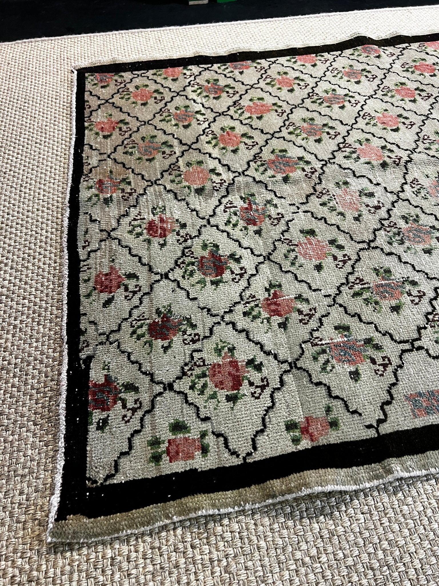 Vintage 4.6x5.7 Green and Pink Turkish Oushak | Banana Manor Rug Factory Outlet