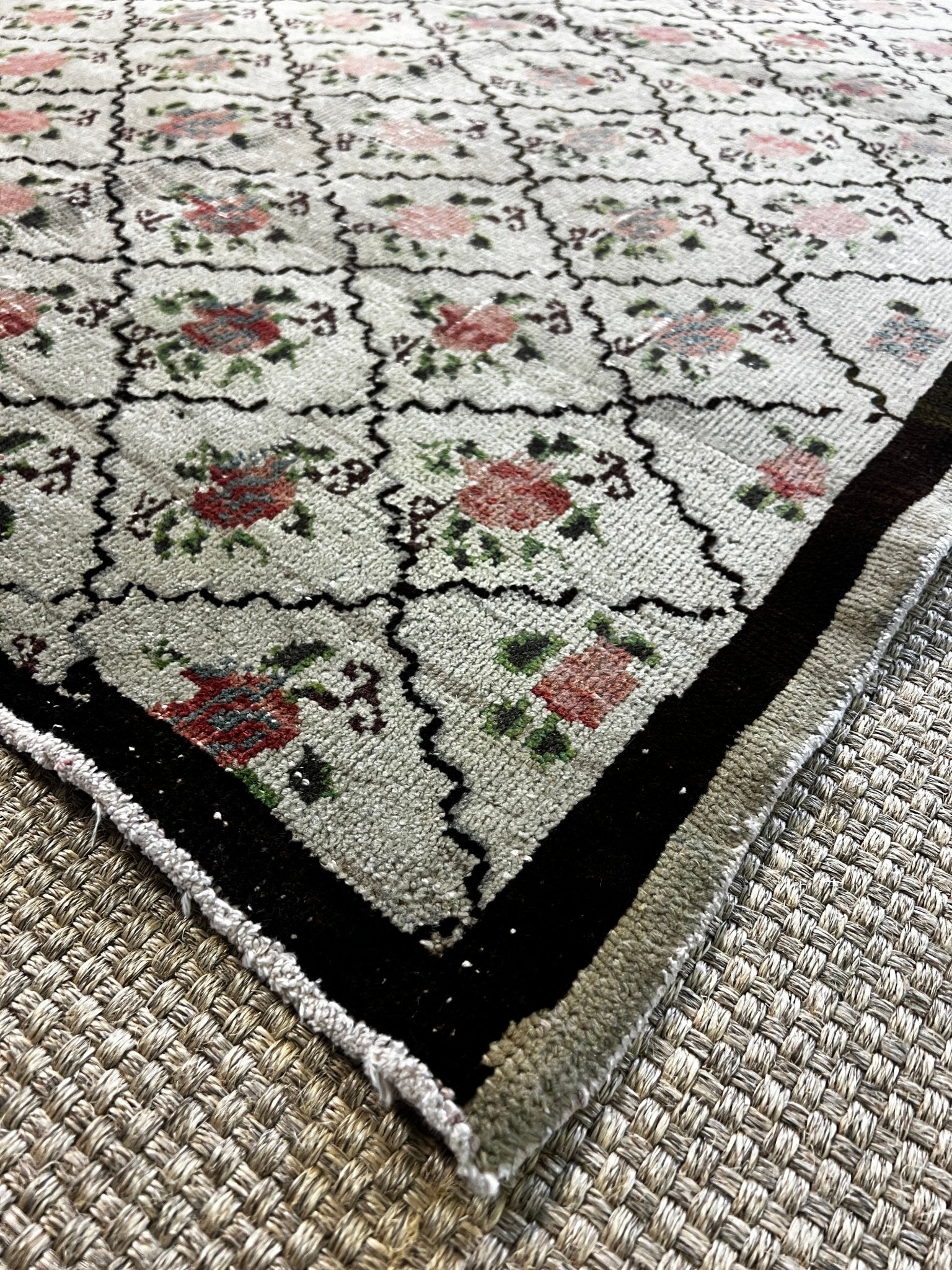 Vintage 4.6x5.7 Green and Pink Turkish Oushak | Banana Manor Rug Factory Outlet