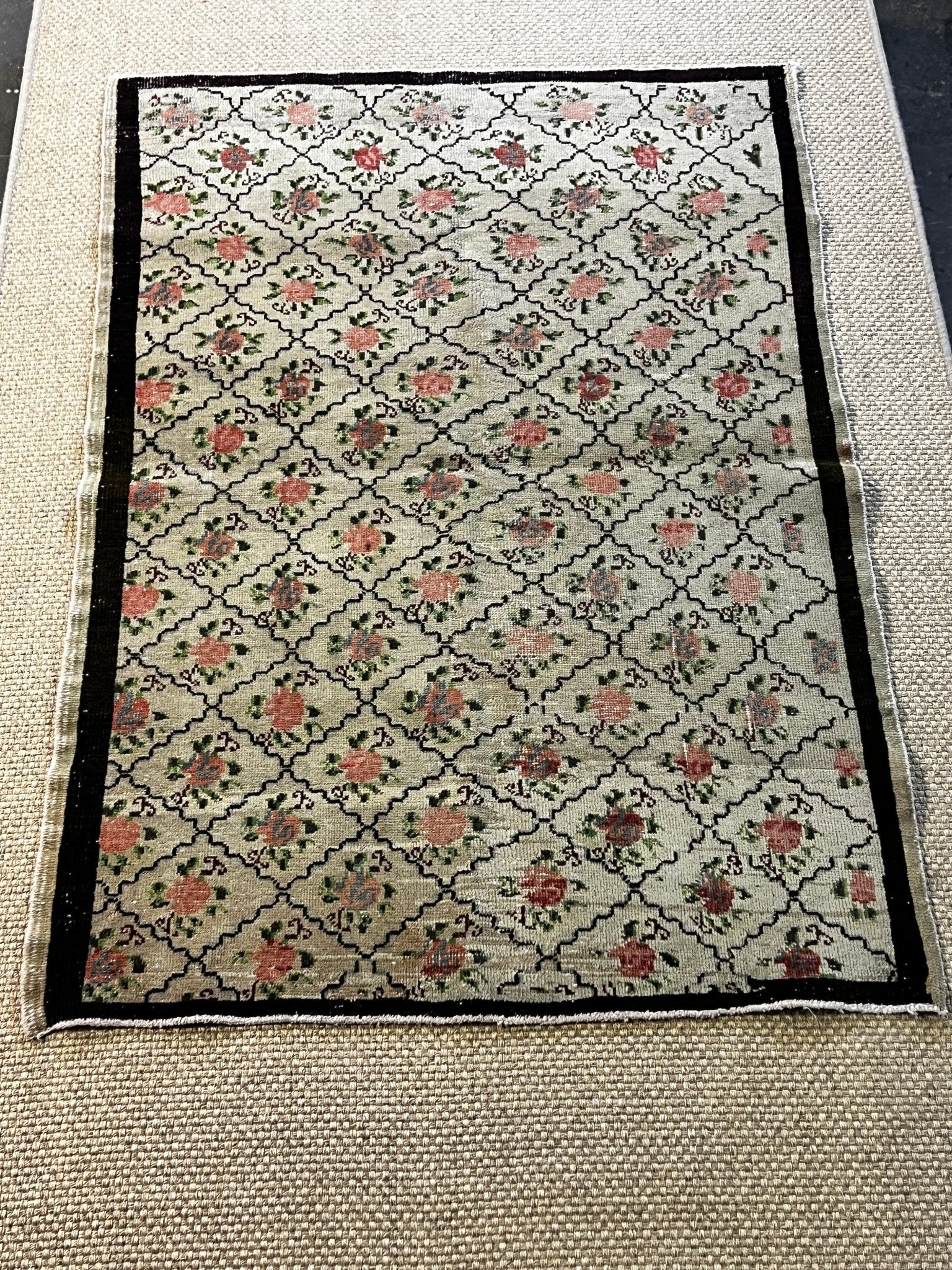 Vintage 4.6x5.7 Green and Pink Turkish Oushak | Banana Manor Rug Factory Outlet