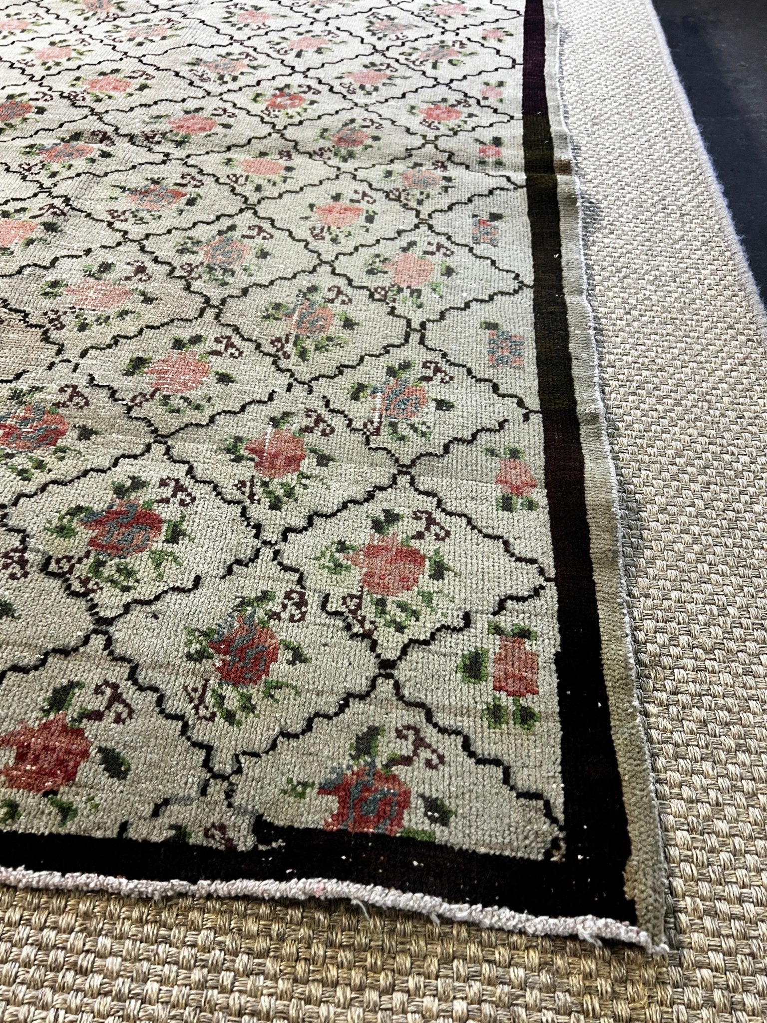 Vintage 4.6x5.7 Green and Pink Turkish Oushak | Banana Manor Rug Factory Outlet