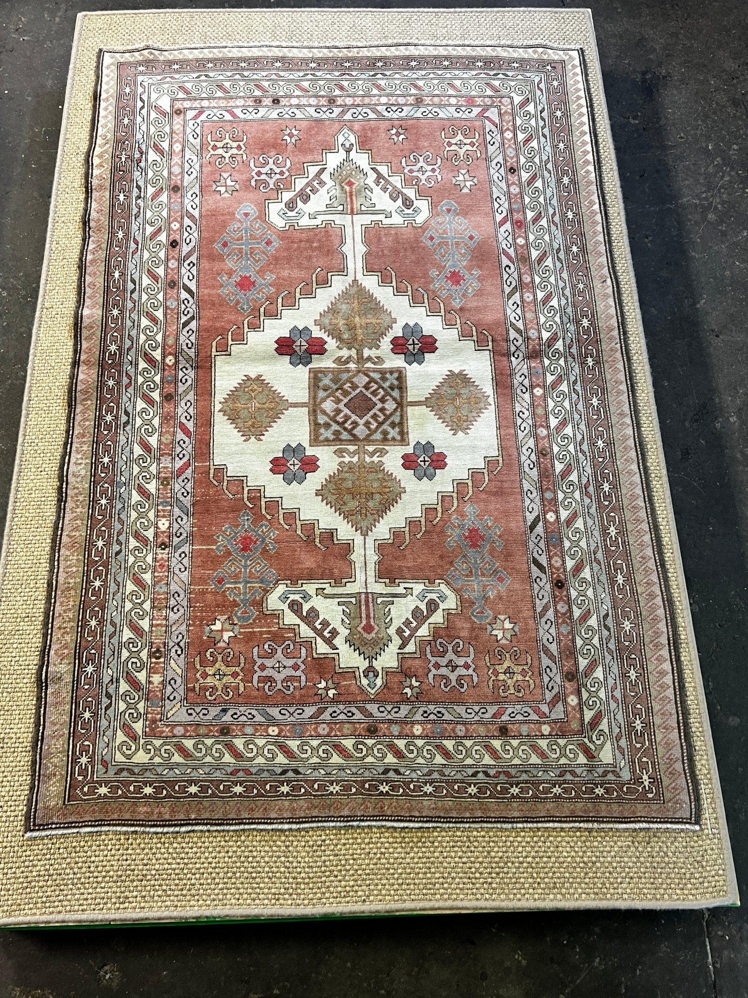 Vintage 4.7x7.1 Red and Tan Turkish Oushak | Banana Manor Rug Factory Outlet