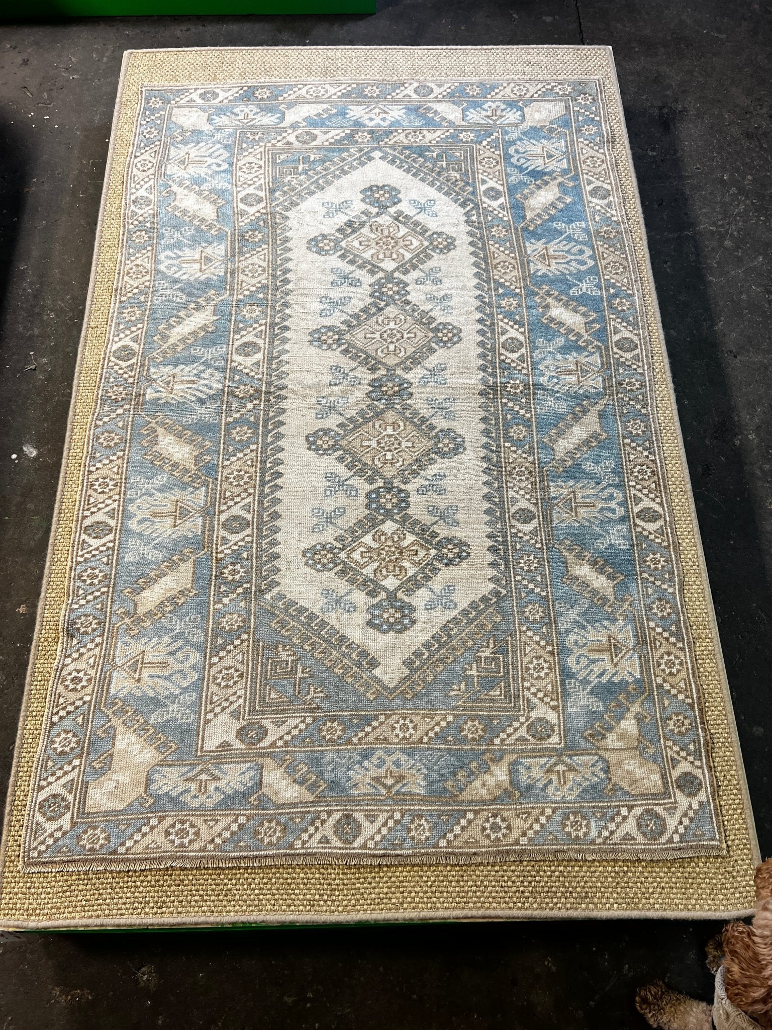 Vintage 4.8x7.2 Blue and Taupe Turkish Oushak | Banana Manor Rug Factory Outlet