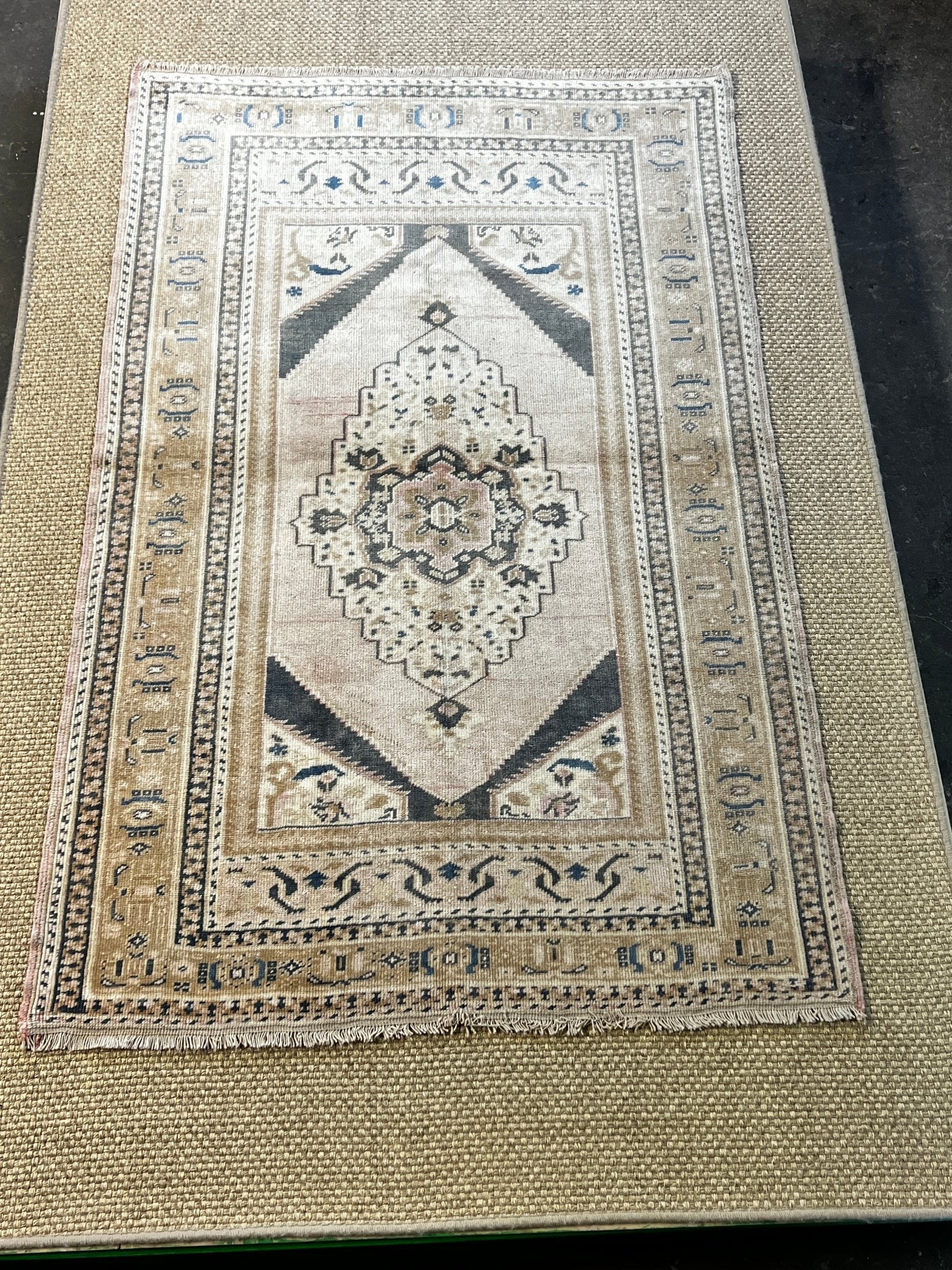 Vintage 4x6.3 Blue and Tan Turkish Oushak | Banana Manor Rug Factory Outlet