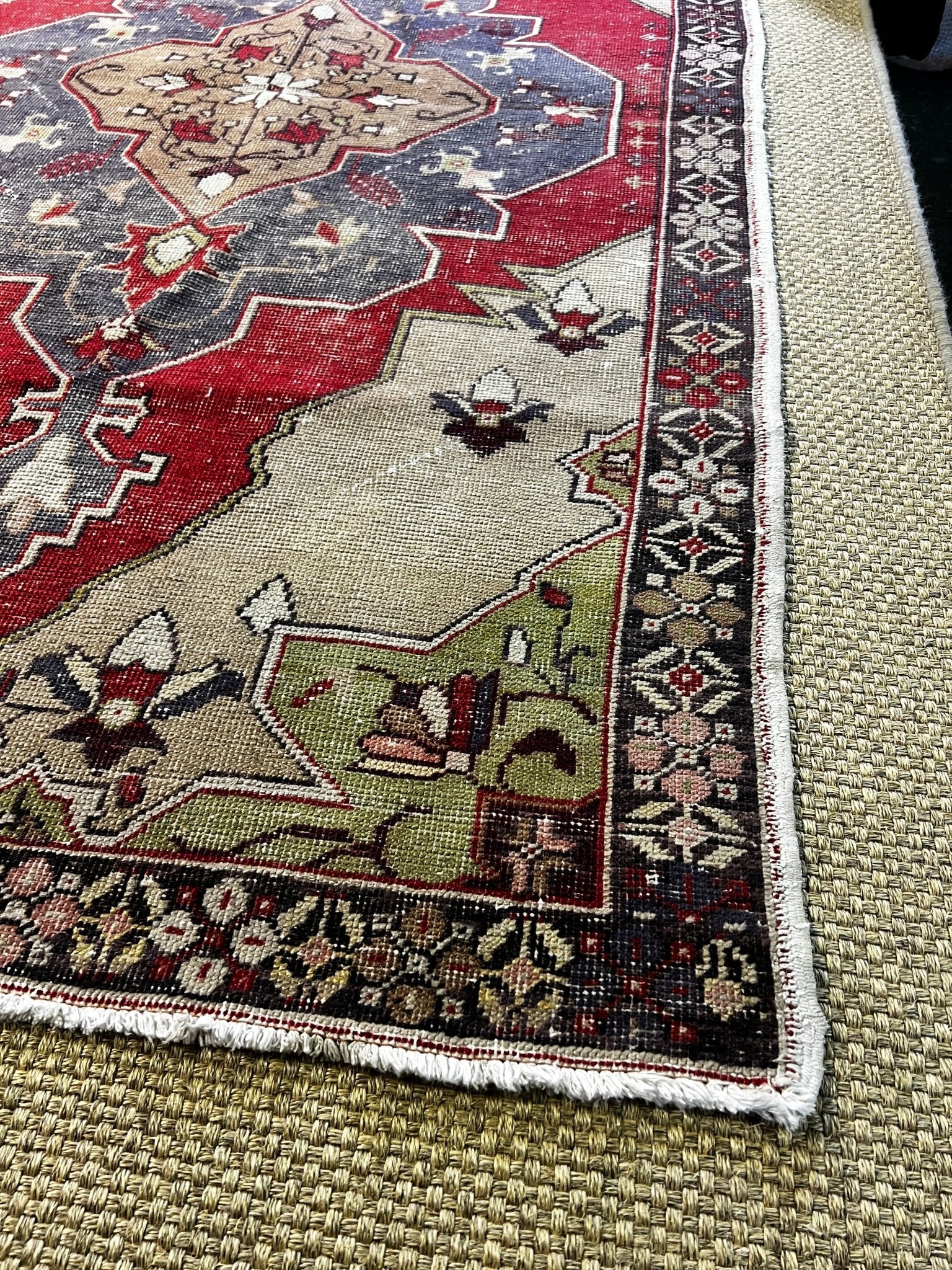 Vintage 4x7.2 Turkish Oushak Beige and Red Rug | Banana Manor Rug Factory Outlet