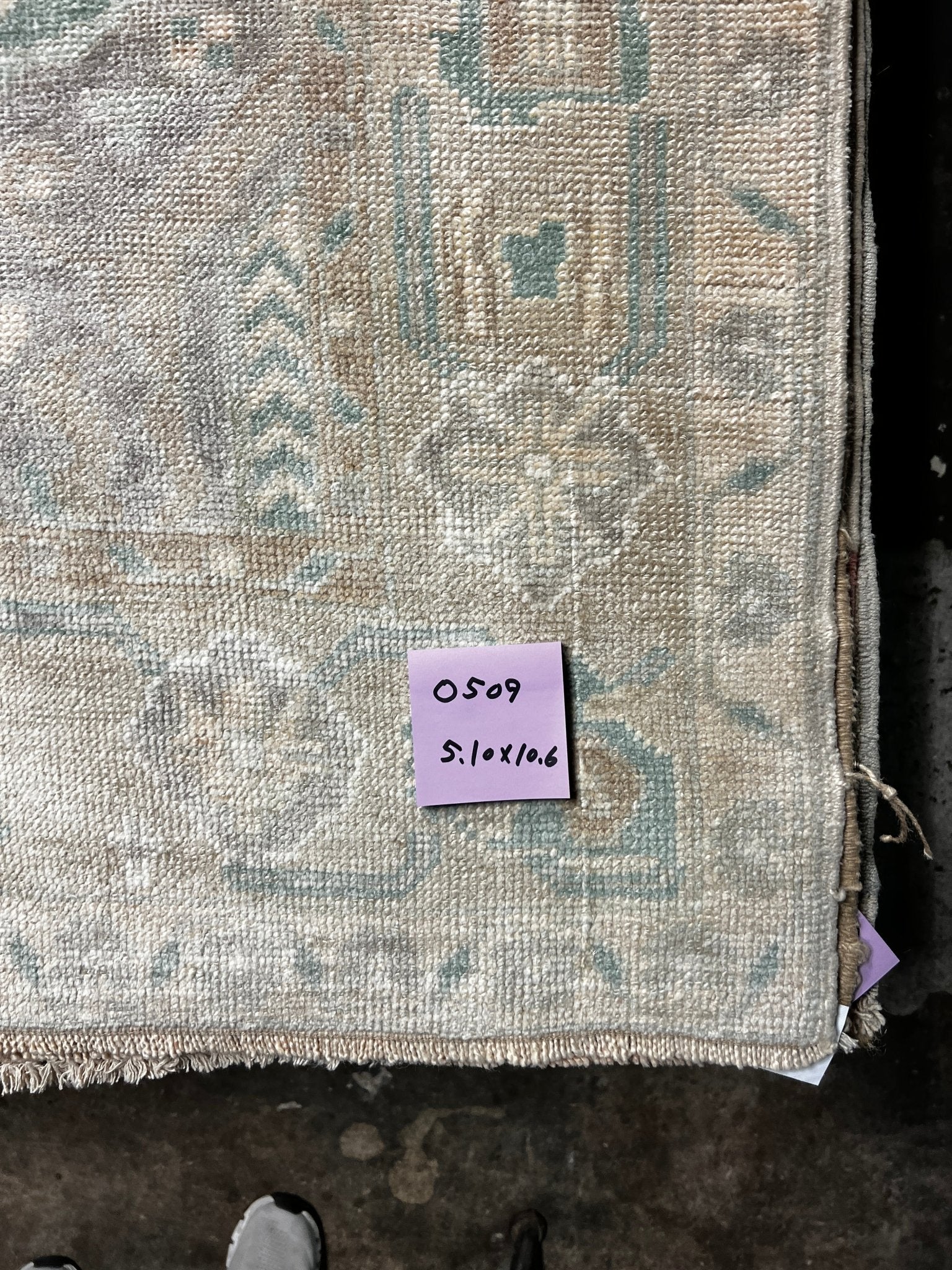 Vintage 5.10x10.6 Blue-Green and Beige Turkish Oushak | Banana Manor Rug Factory Outlet