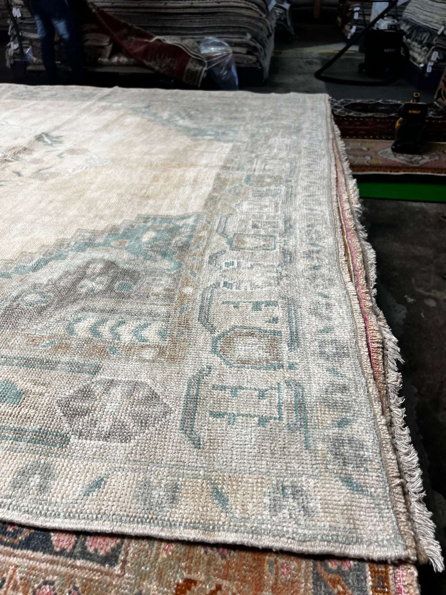 Vintage 5.10x10.6 Blue-Green and Beige Turkish Oushak | Banana Manor Rug Factory Outlet